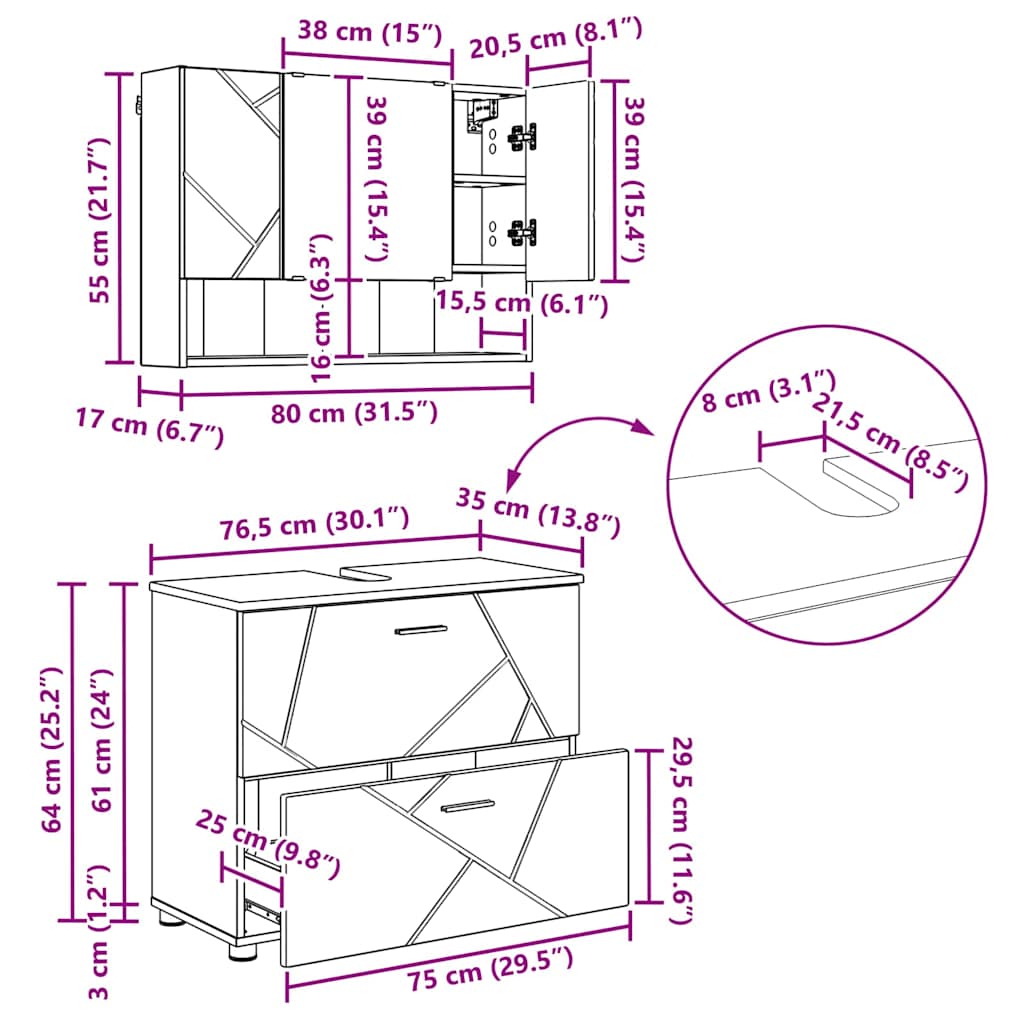 Σετ Επίπλων Μπάνιου με συρτάρι με ράφι 2 pcs Καπνιστό Δρύς