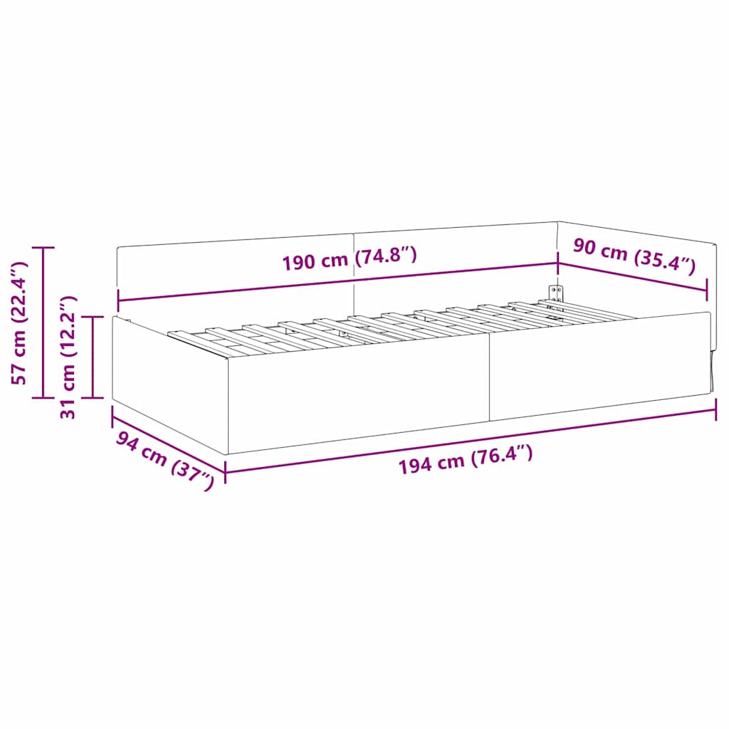 Κρεβάτι Γωνίας με κεφαλάρι Μαύρο 90 εκ x 190 εκ ύφασμα - Pakobazaar