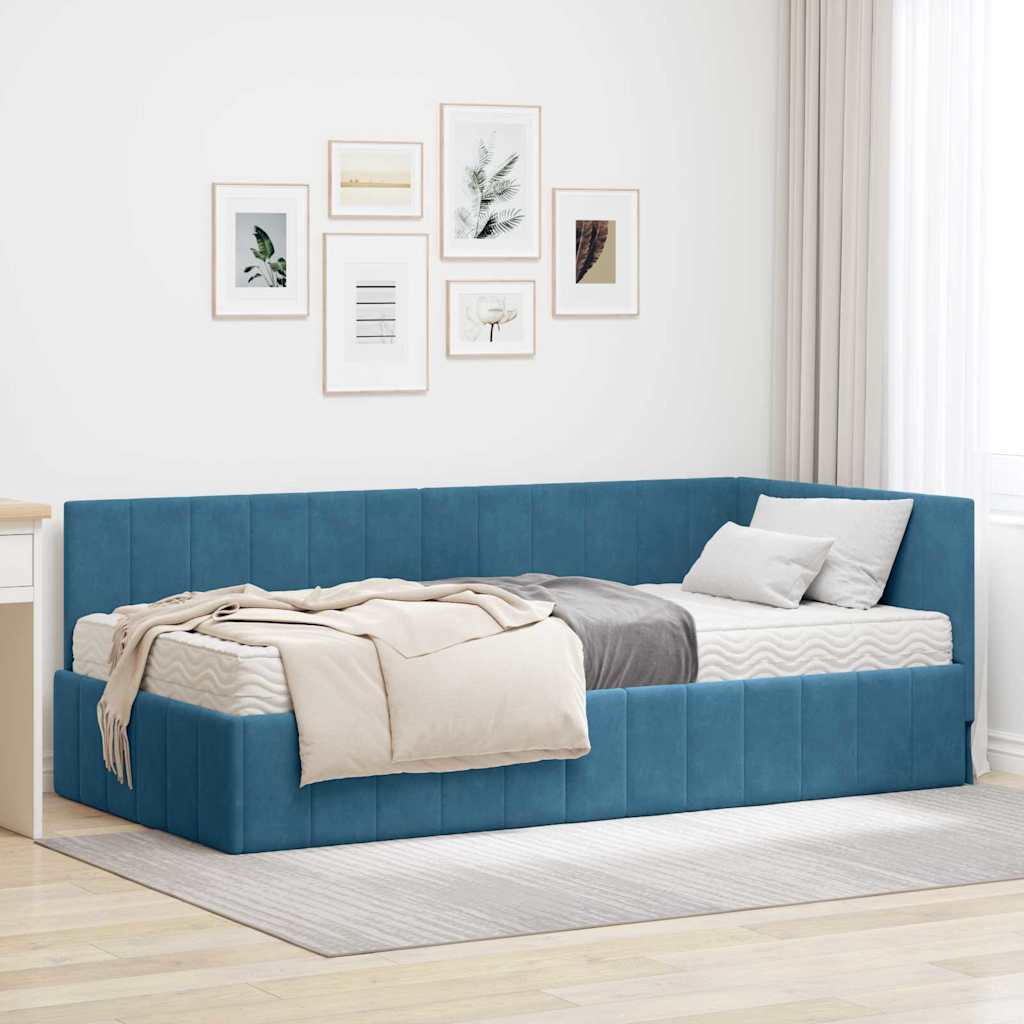 Κρεβάτι γωνίας με στρώμα με κεφαλάρι 2 pcs Μπλε Βελούδο