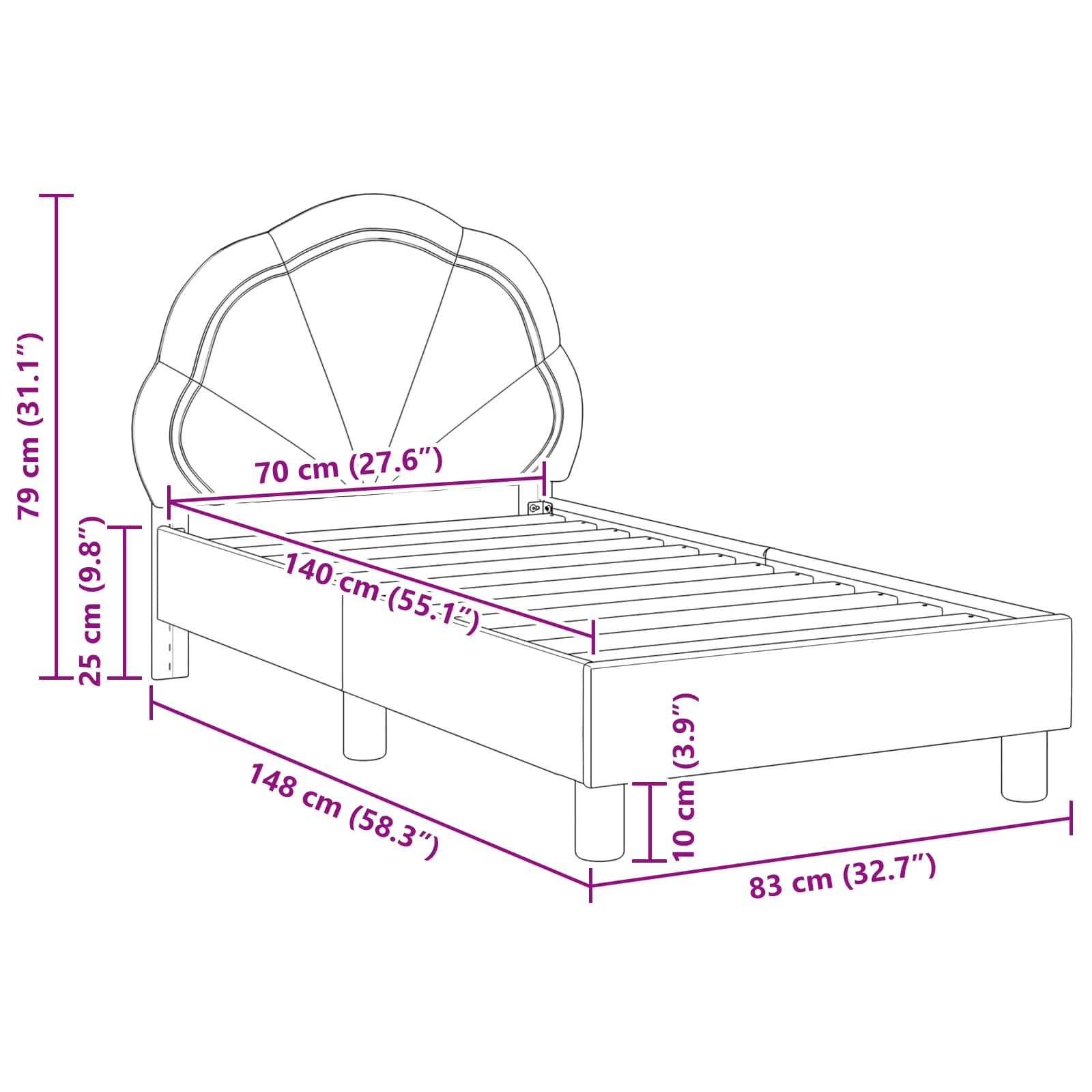 Κρεβατική βάση για παιδιά με προσκέφαλο Σκούρο Γκρι 70 x 140 cm - Pakobazaar