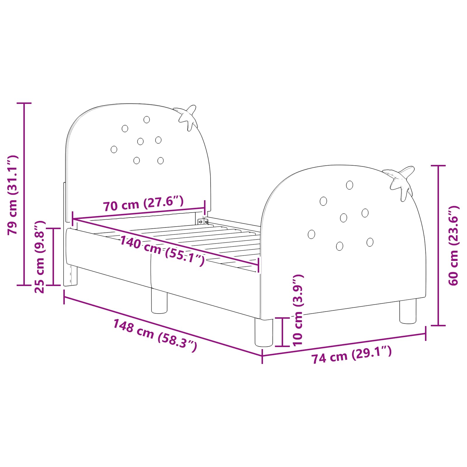 Κρεβατική βάση για παιδιά με προσκέφαλο Ροζ 70 x 140 cm Βελούδο - Pakobazaar