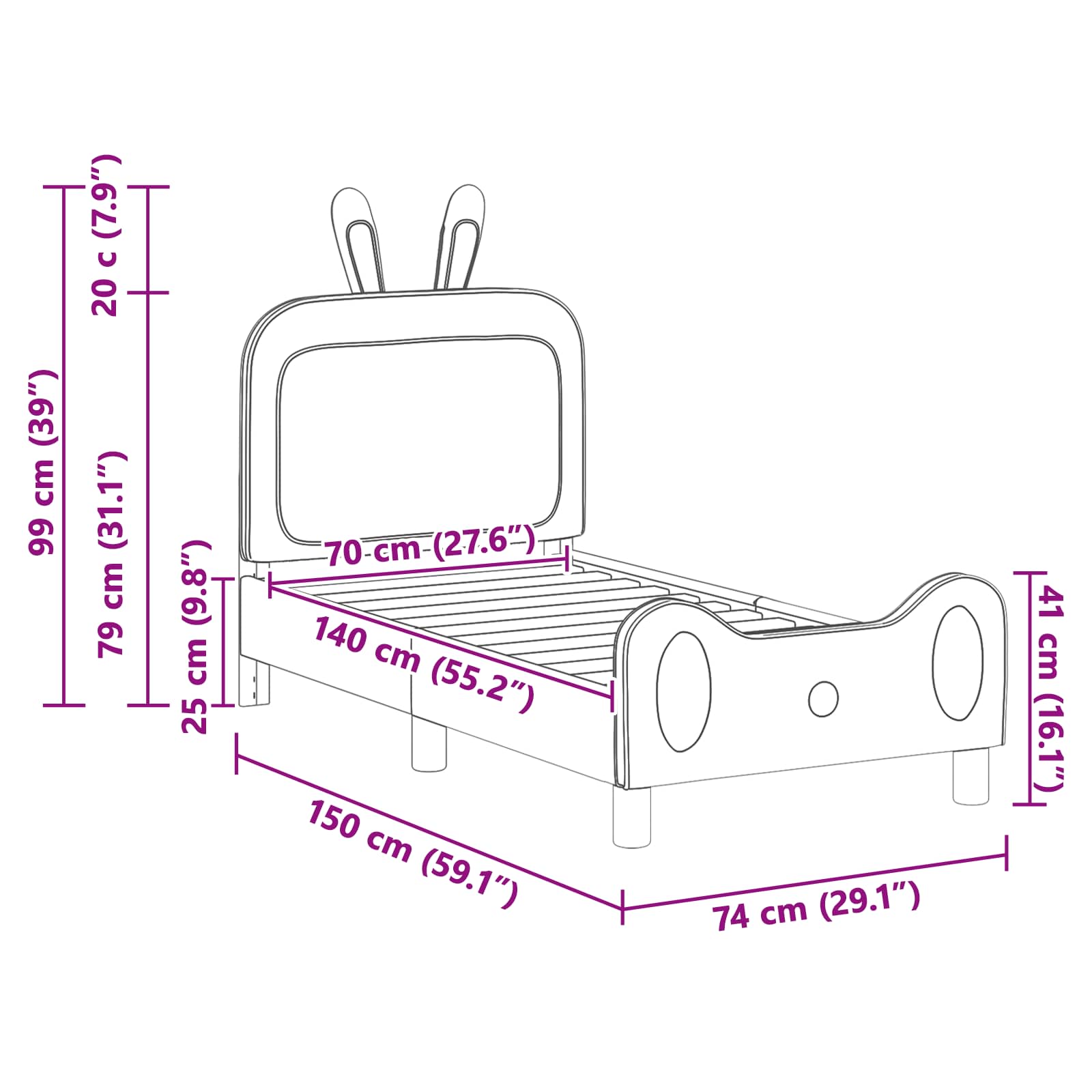 Κρεβατική βάση για παιδιά με προσκέφαλο Ροζ 70 x 140 cm PU - Pakobazaar