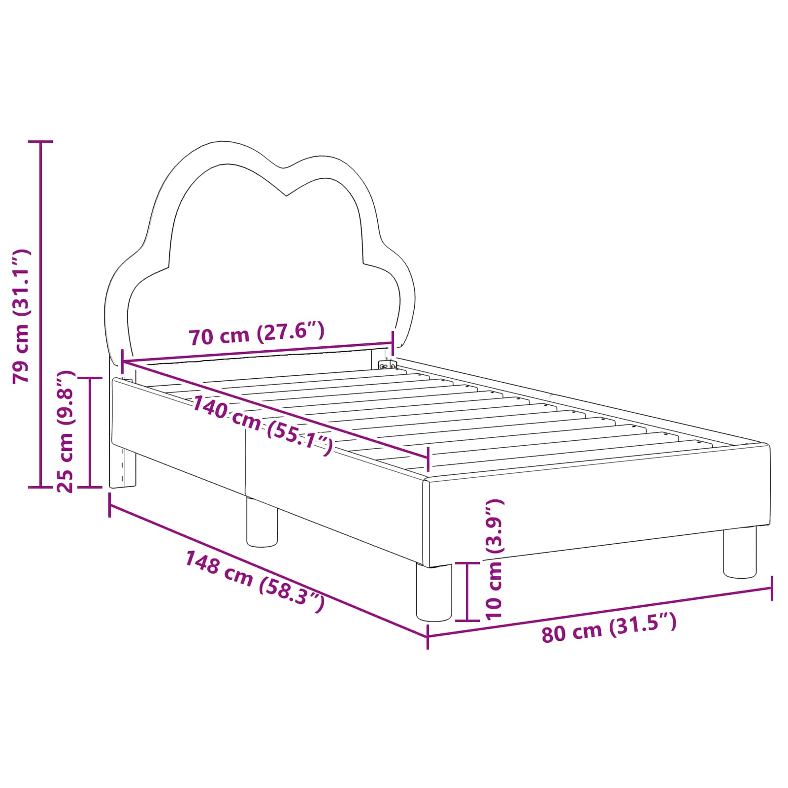 Κρεβατική βάση για παιδιά με προσκέφαλο Ροζ 70 x 140 cm PU - Pakobazaar