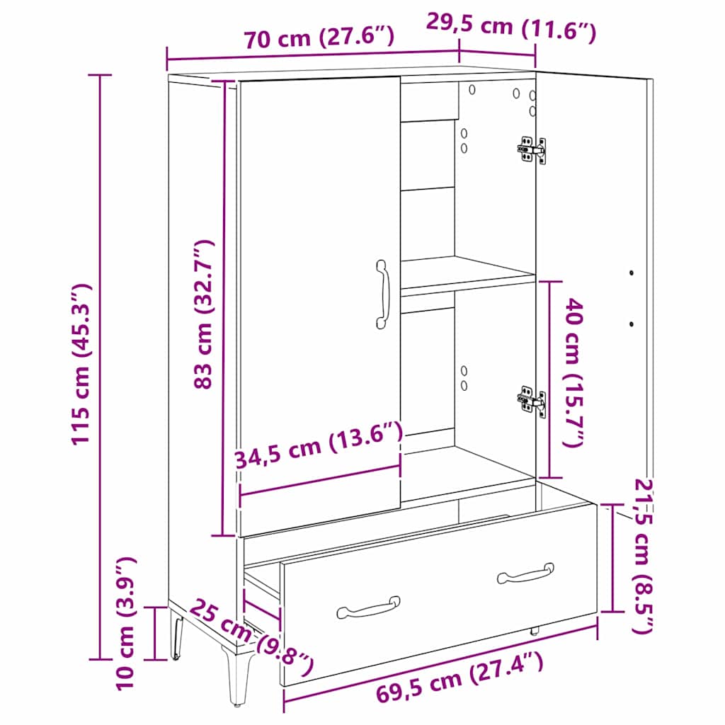 Highboard με συρτάρι Μαύρη Οξυά 70 x 31 x 115 εκ - Pakobazaar