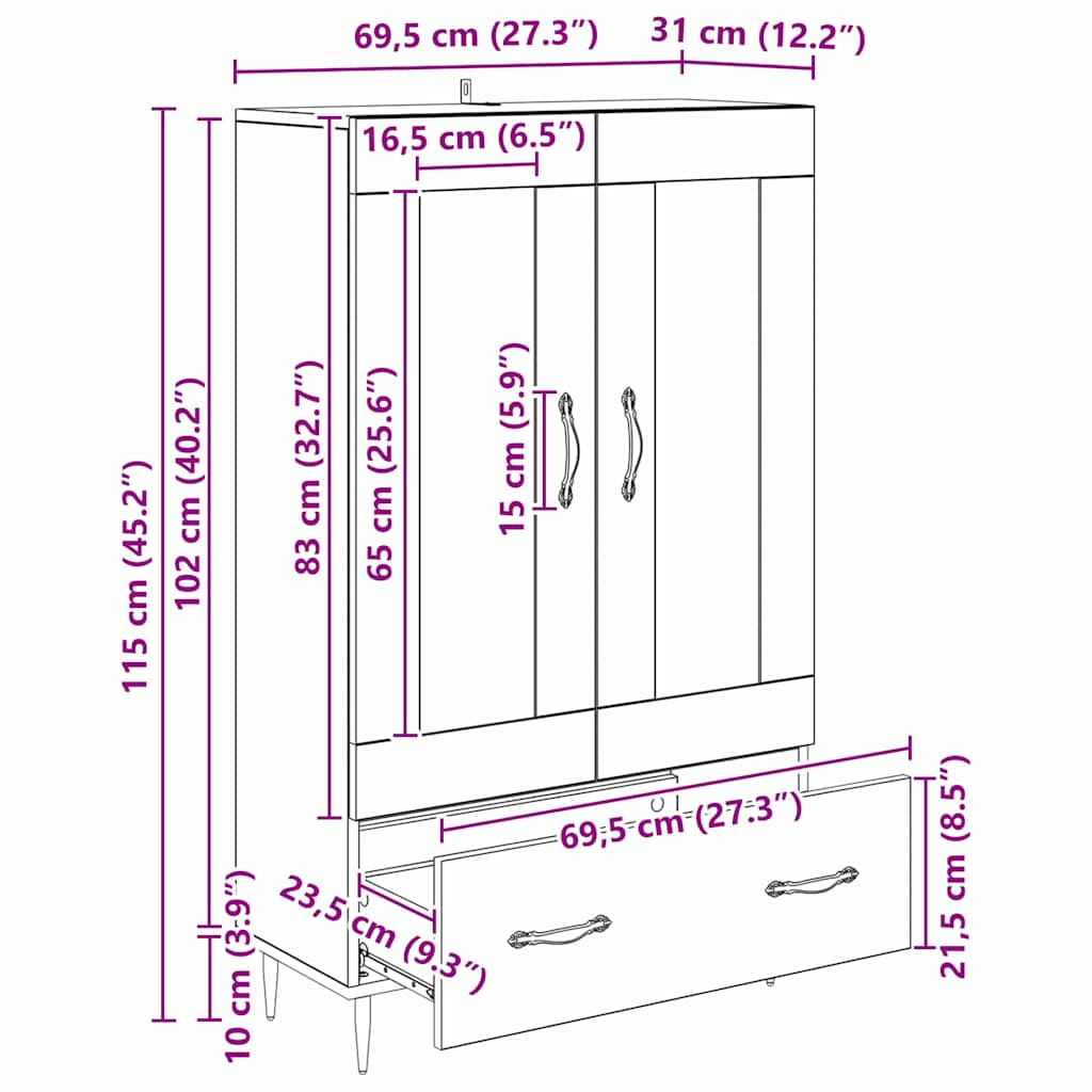Highboard Παλιό Ξύλο 69,5 x 31 x 115 εκ. Επεξεργασμένο ξύλο - Pakobazaar