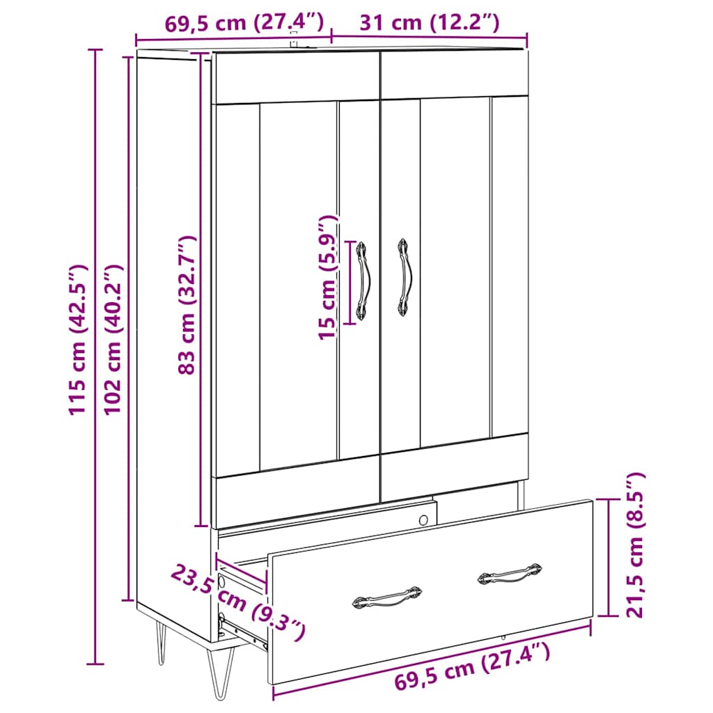 Highboard Παλιό Ξύλο 69,5 x 31 x 115 εκ. Επεξεργασμένο ξύλο