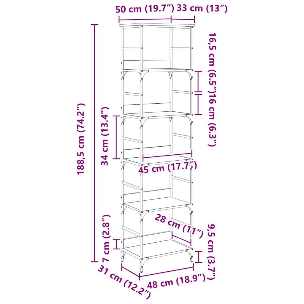 Ράφι Βιβλίων Μαύρη Οξυά 50 x 33 x 188,5 εκ Επεξεργασμένο ξύλο - Pakobazaar