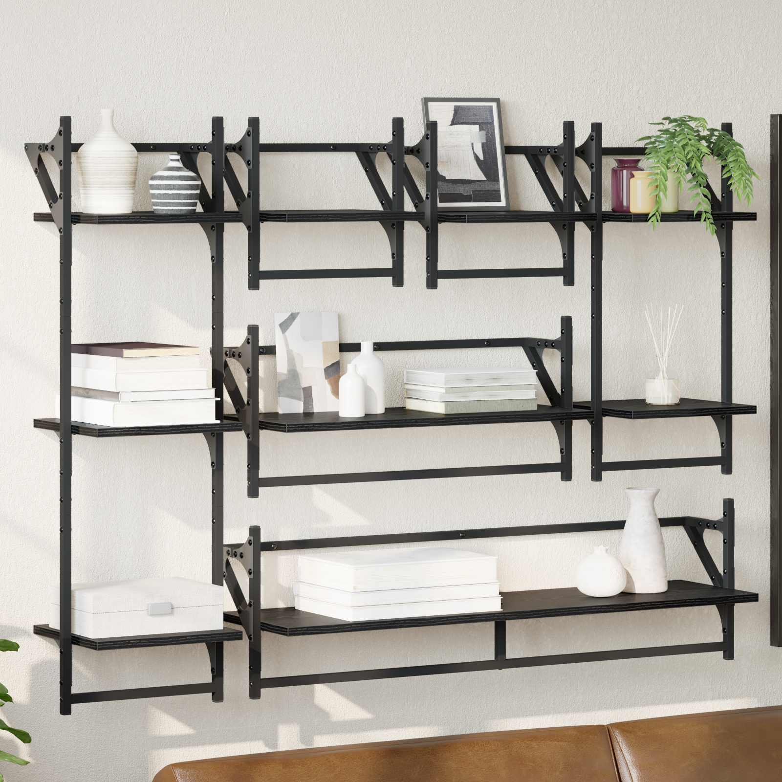 Σετ ραφιών τοίχου με ράφι 6 pcs Μαύρη Οξυά 100 x 25 x 30 cm - Pakobazaar