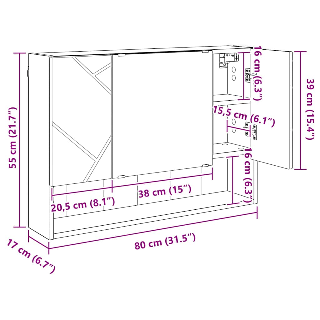 Ντουλάπα Καθρέφτη Επιτοίχιο Artisan Oak 80 x 17 x 55 εκ - Pakobazaar
