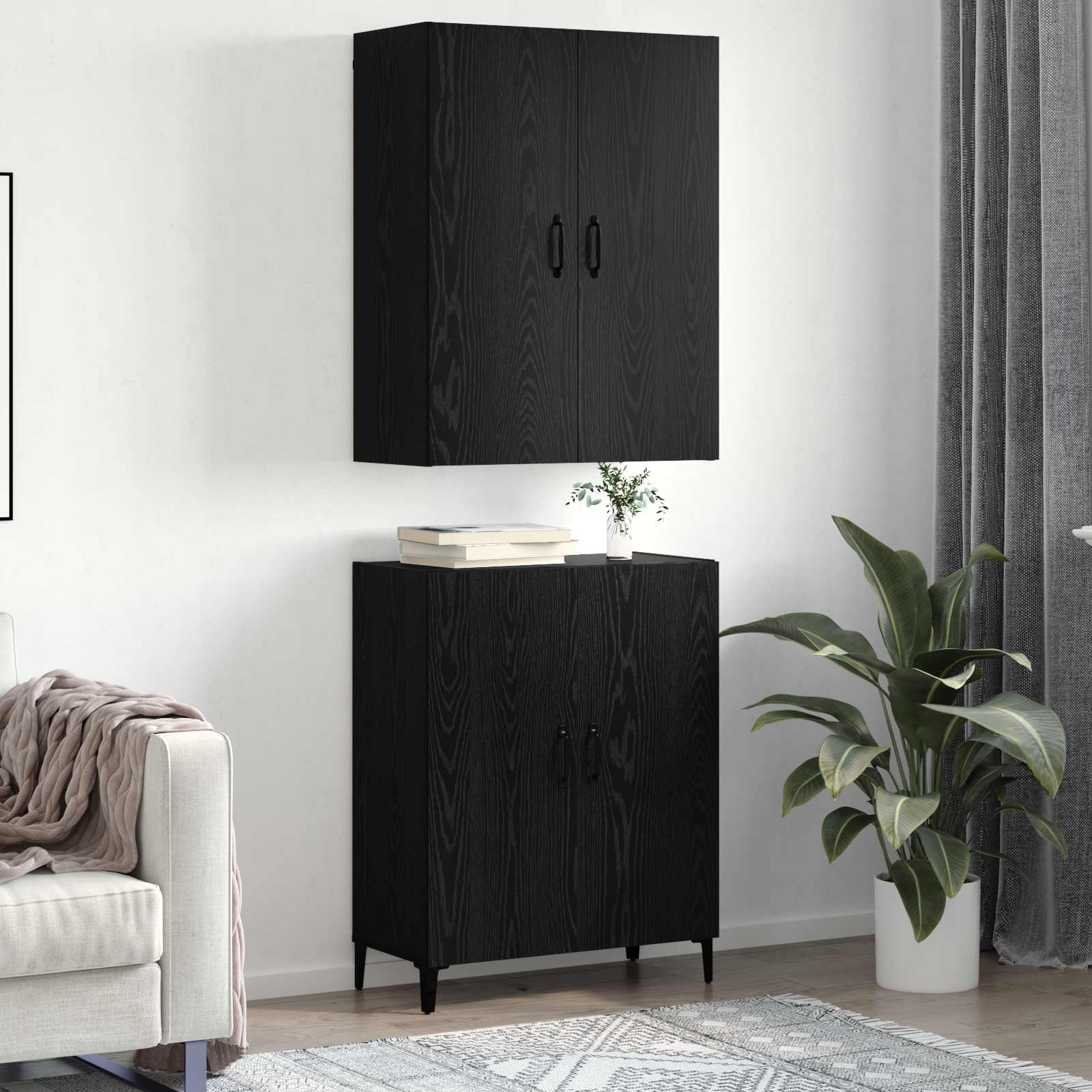 Highboard 2 pcs Μαύρη Οξυά Επεξεργασμένο ξύλο - Pakobazaar