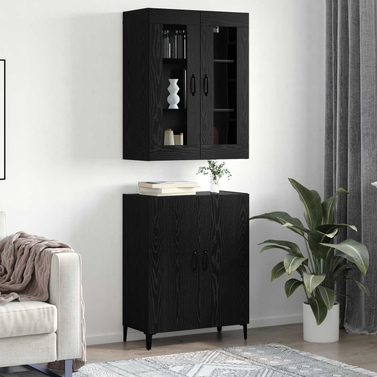Highboard 2 pcs Μαύρη Οξυά Επεξεργασμένο ξύλο - Pakobazaar