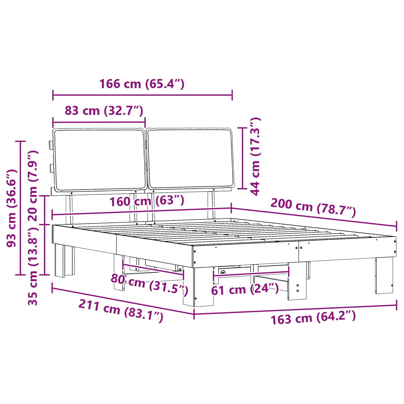 Σκελετός Κρεβατιού με Επενδεδυμένο Κεφαλάρι Μαύρο 160 x 200 cm