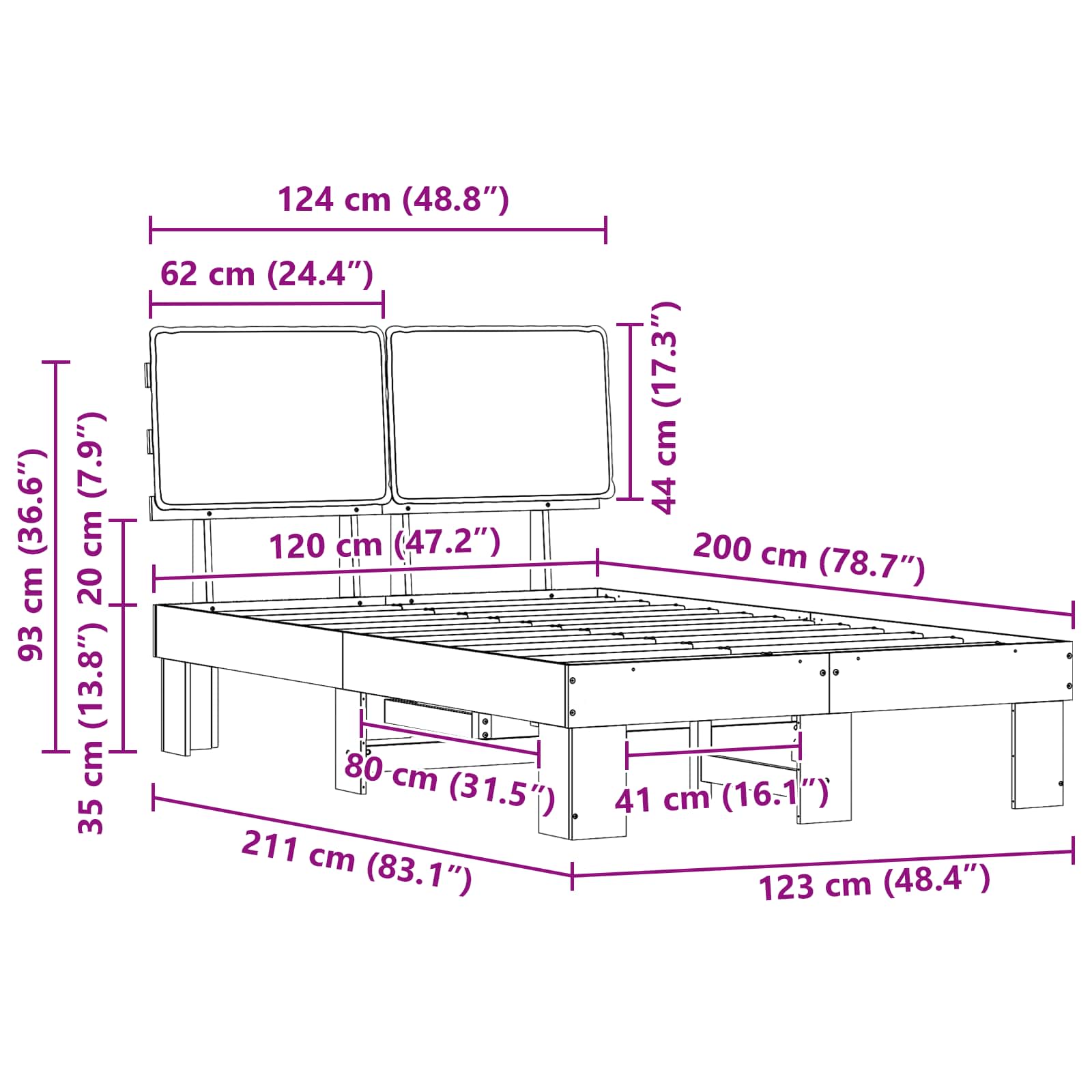 Σκελετός Κρεβατιού με Επενδεδυμένο Κεφαλάρι Μαύρο 120 x 200 cm