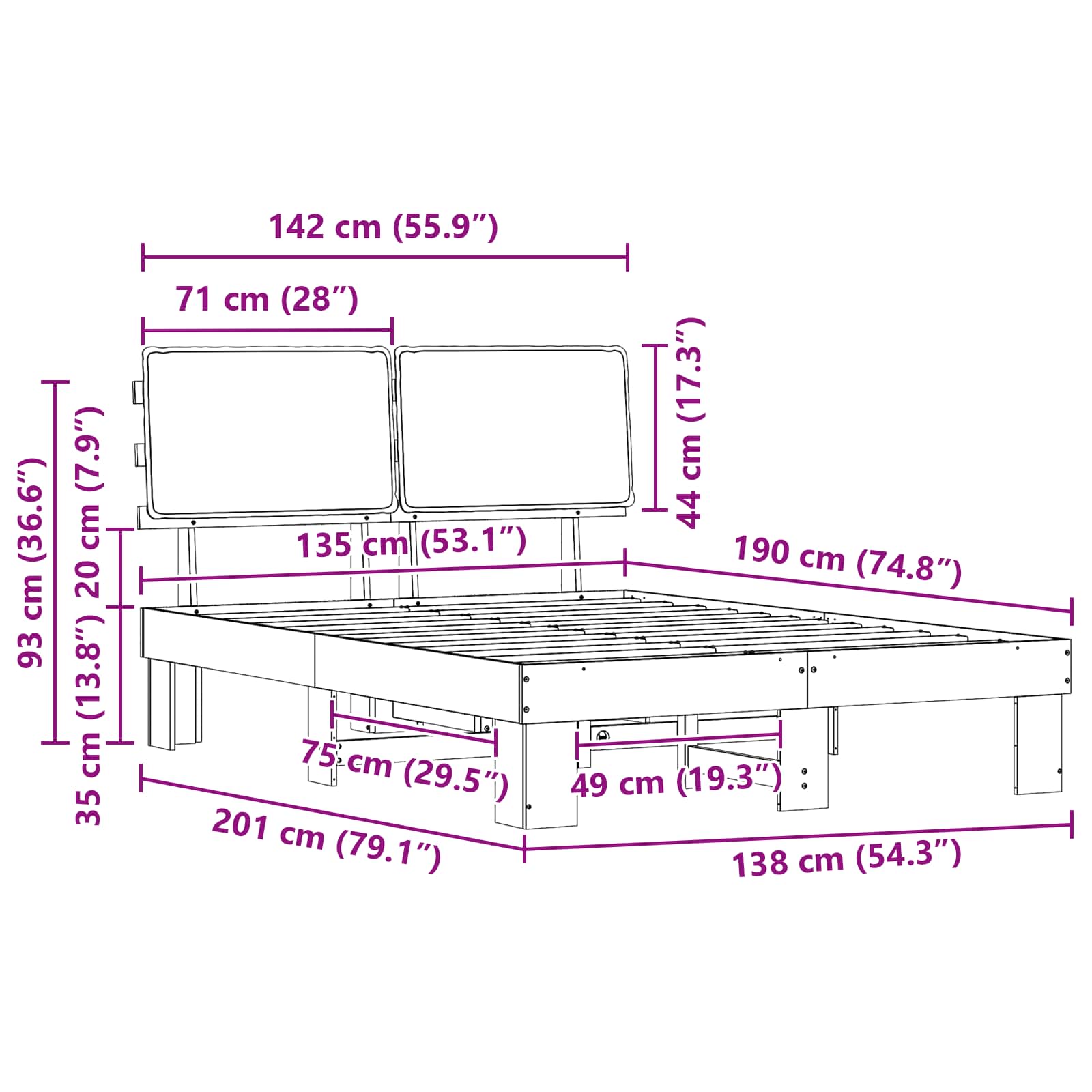 Σκελετός Κρεβατιού με Επενδεδυμένο Κεφαλάρι Ανοιχτό γκρι
