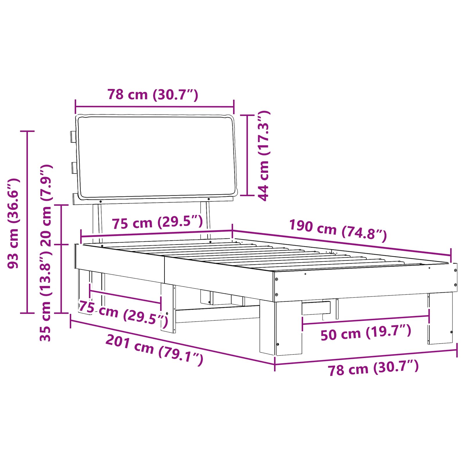 Σκελετός Κρεβατιού με Επενδεδυμένο Κεφαλάρι Taupe 75 x 190 cm