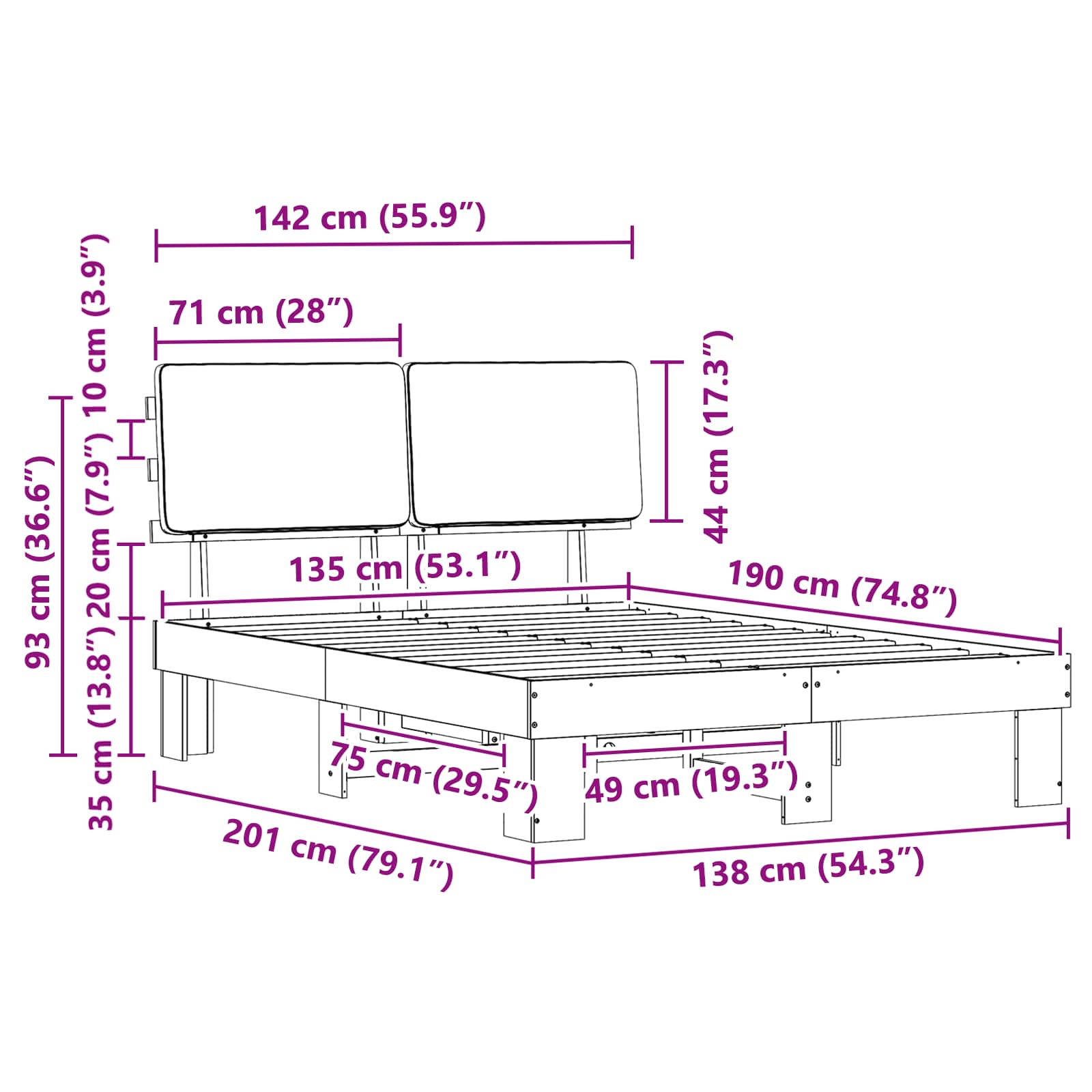 Σκελετός Κρεβατιού με Επενδεδυμένο Κεφαλάρι Ανοιχτό γκρι