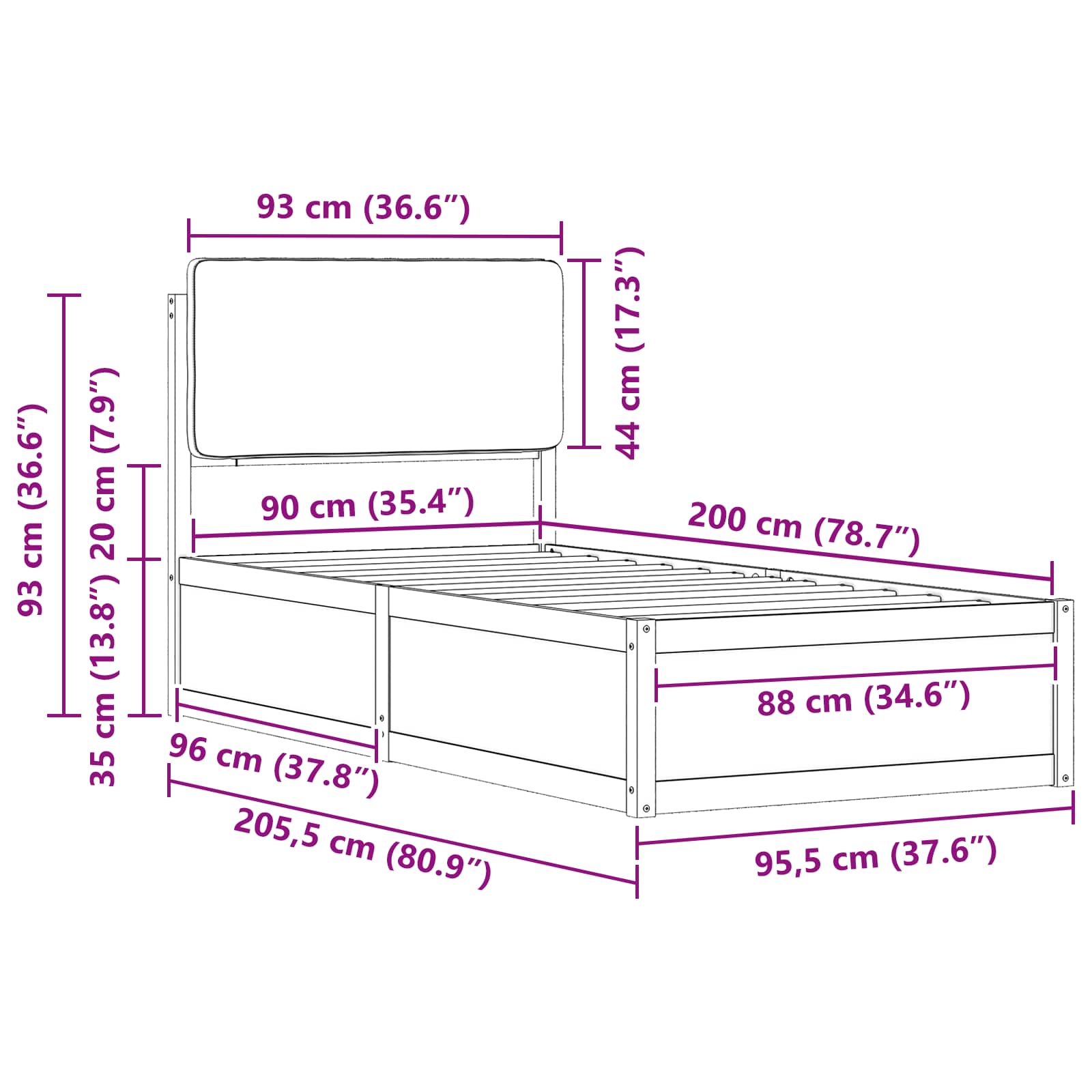 Σκελετός Κρεβατιού με Επενδεδυμένο Κεφαλάρι Μαύρο 90 x 200 cm