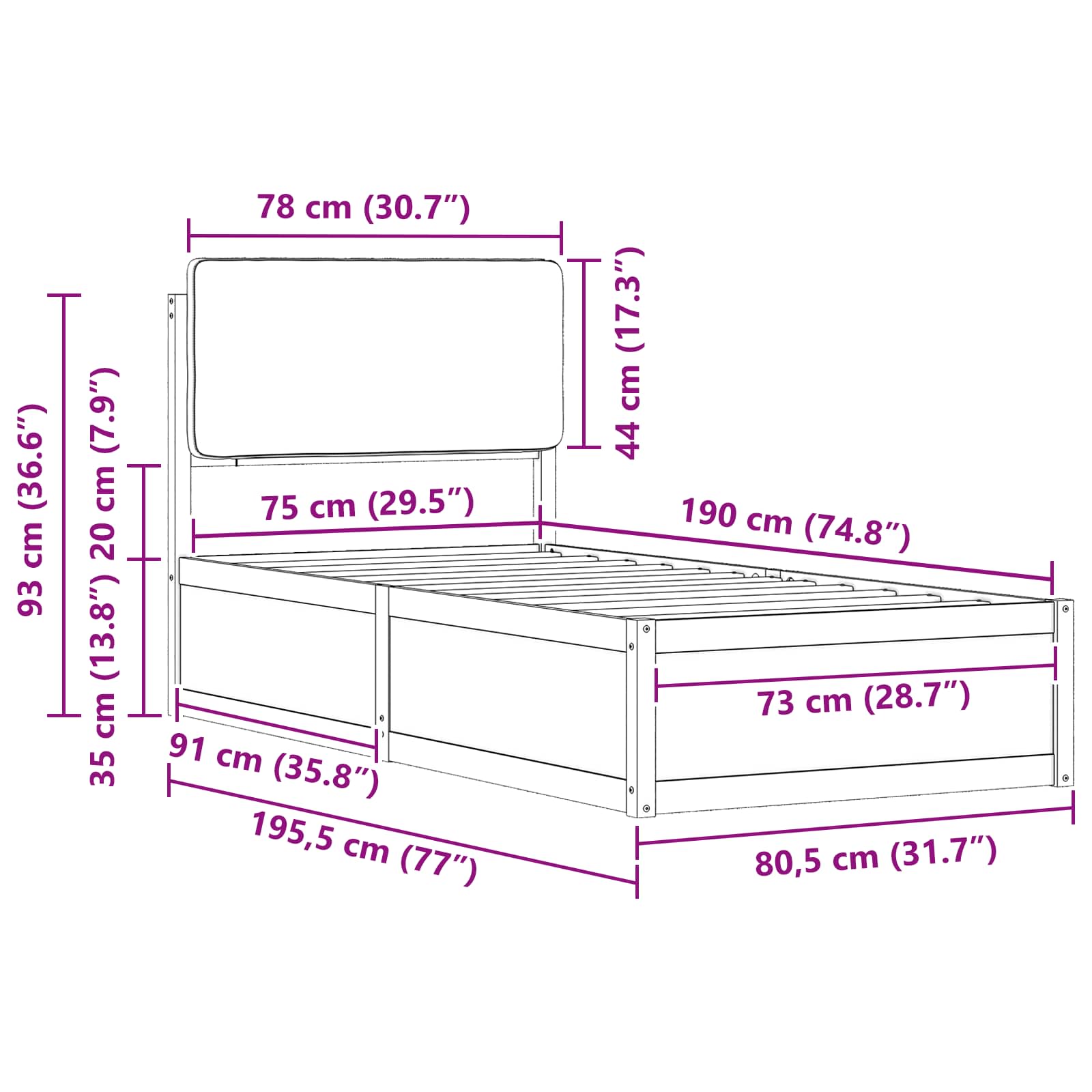 Σκελετός Κρεβατιού με Επενδεδυμένο Κεφαλάρι Taupe 75 x 190 cm