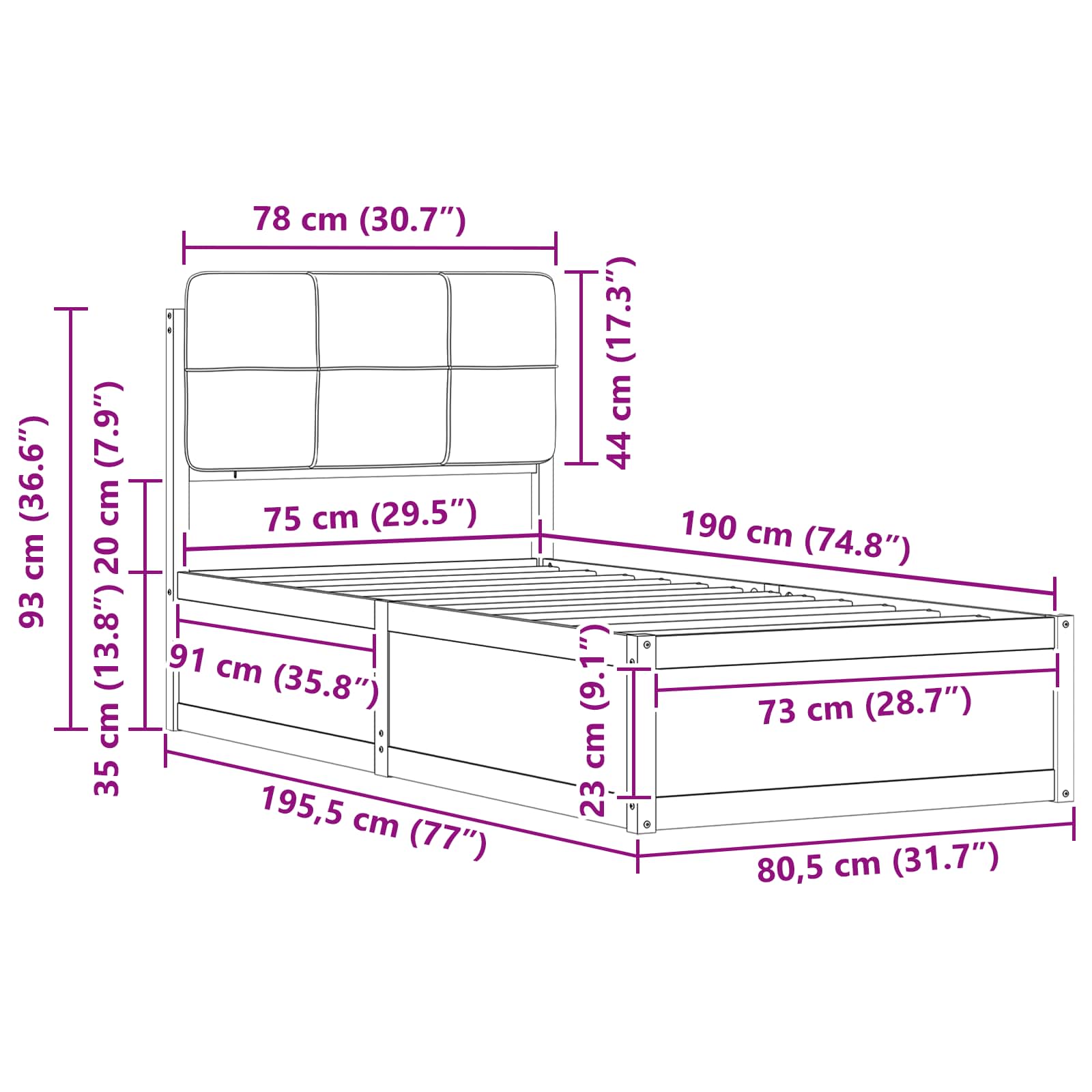 Σκελετός Κρεβατιού με Επενδεδυμένο Κεφαλάρι Taupe 75 x 190 cm
