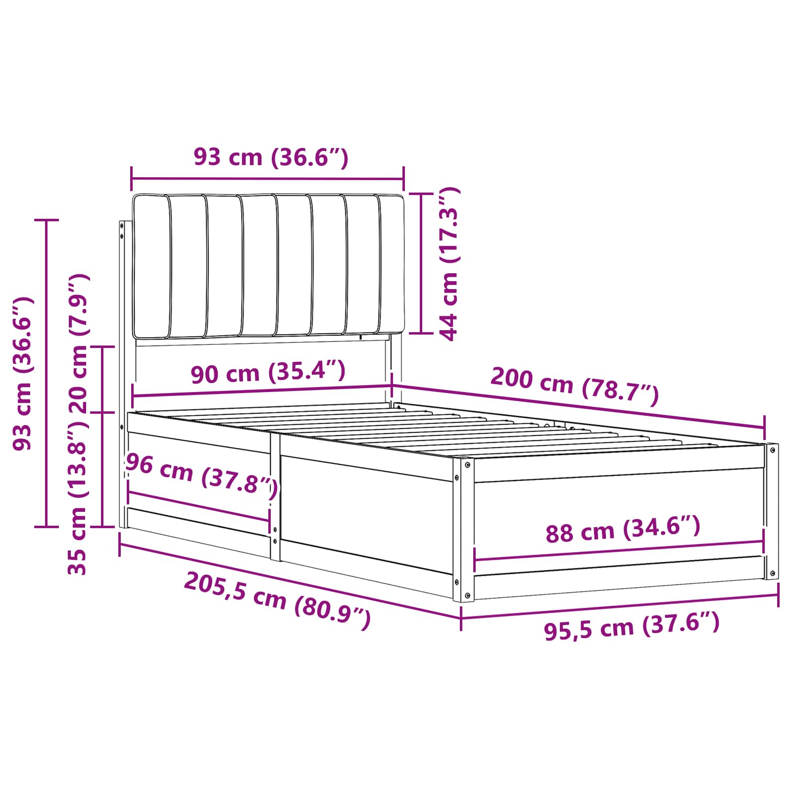 Σκελετός Κρεβατιού με Επενδεδυμένο Κεφαλάρι Μαύρο 90 x 200 cm