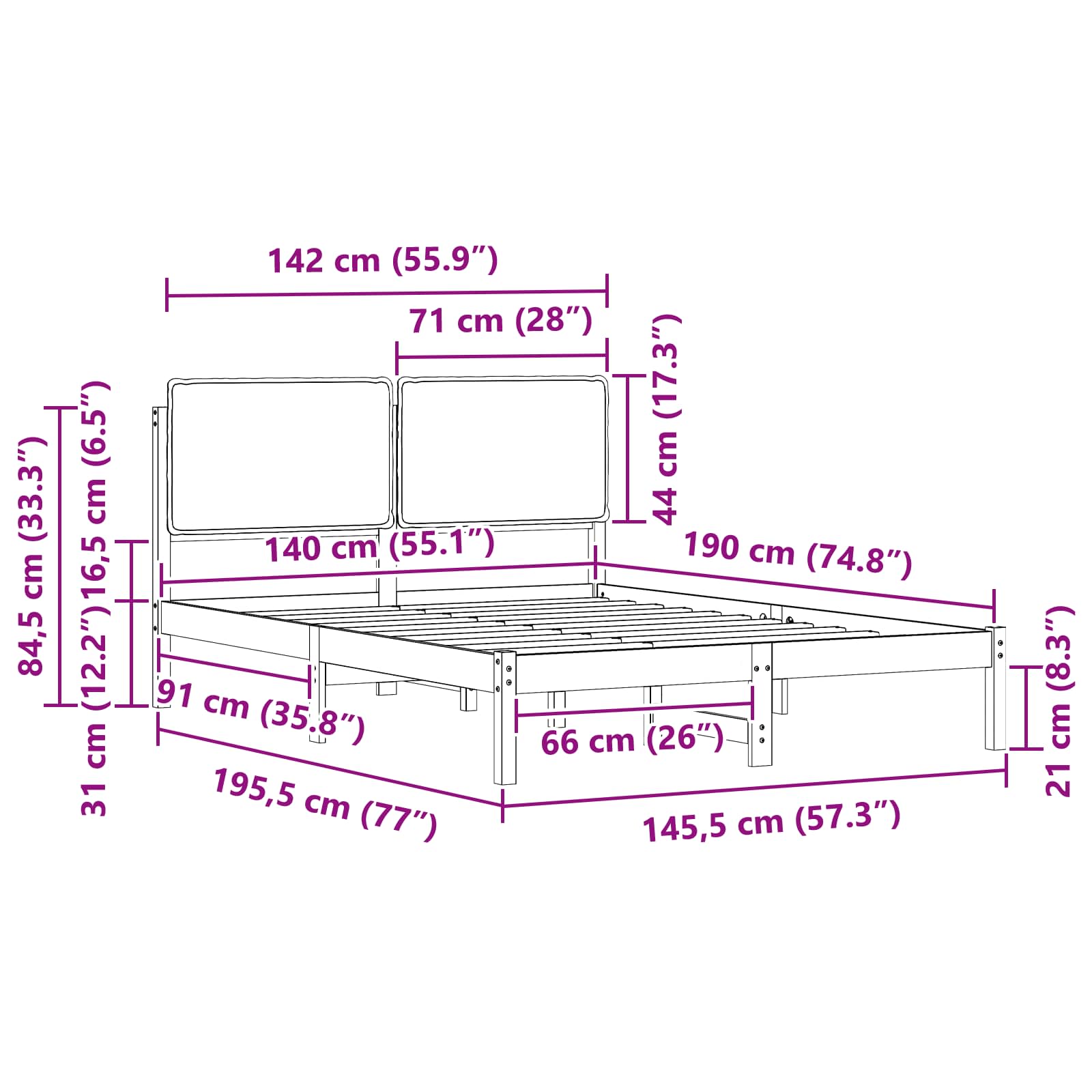 Σκελετός Κρεβατιού με Επενδεδυμένο Κεφαλάρι Μαύρο 140 x 190 cm