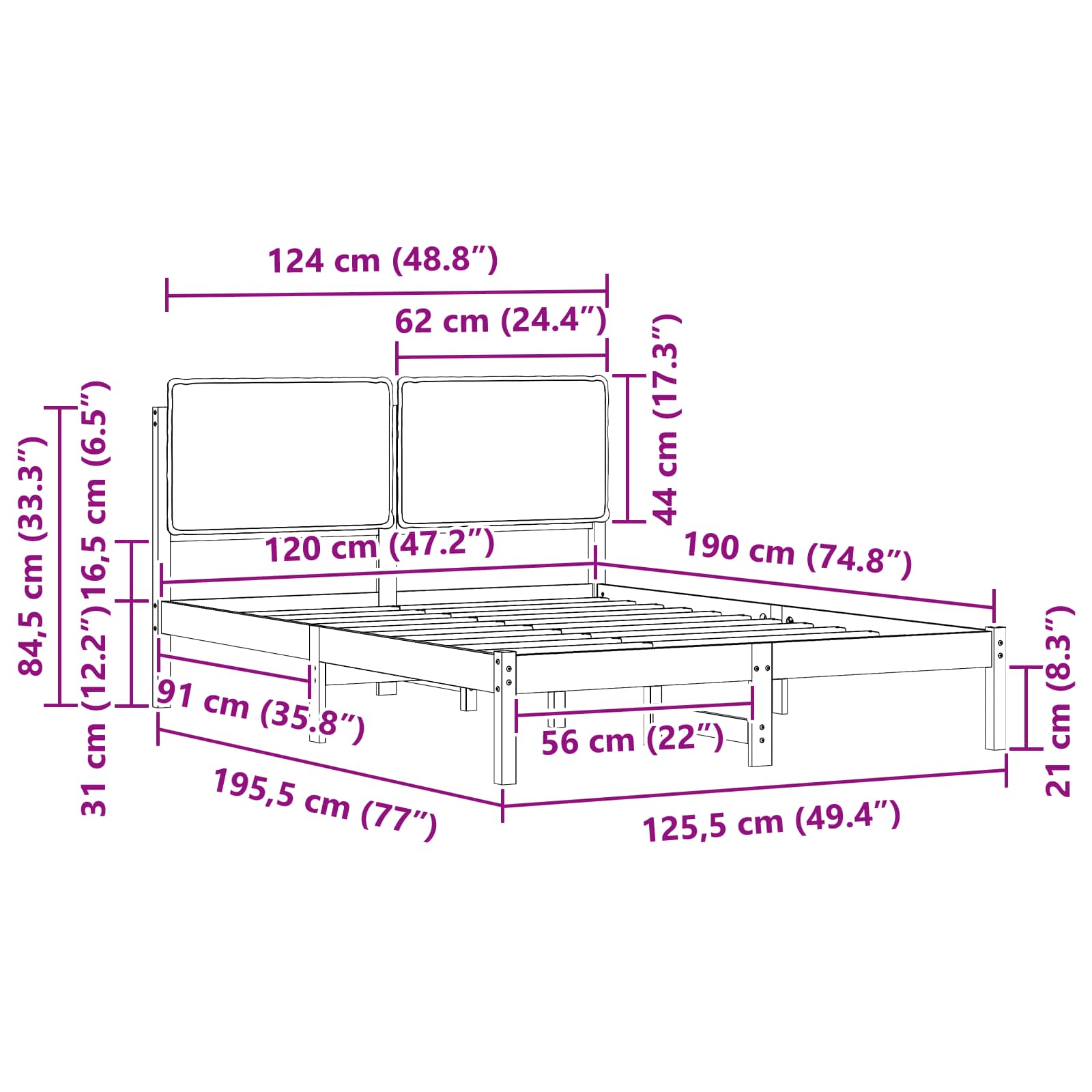 Σκελετός Κρεβατιού με Επενδεδυμένο Κεφαλάρι Μαύρο 120 x 190 cm