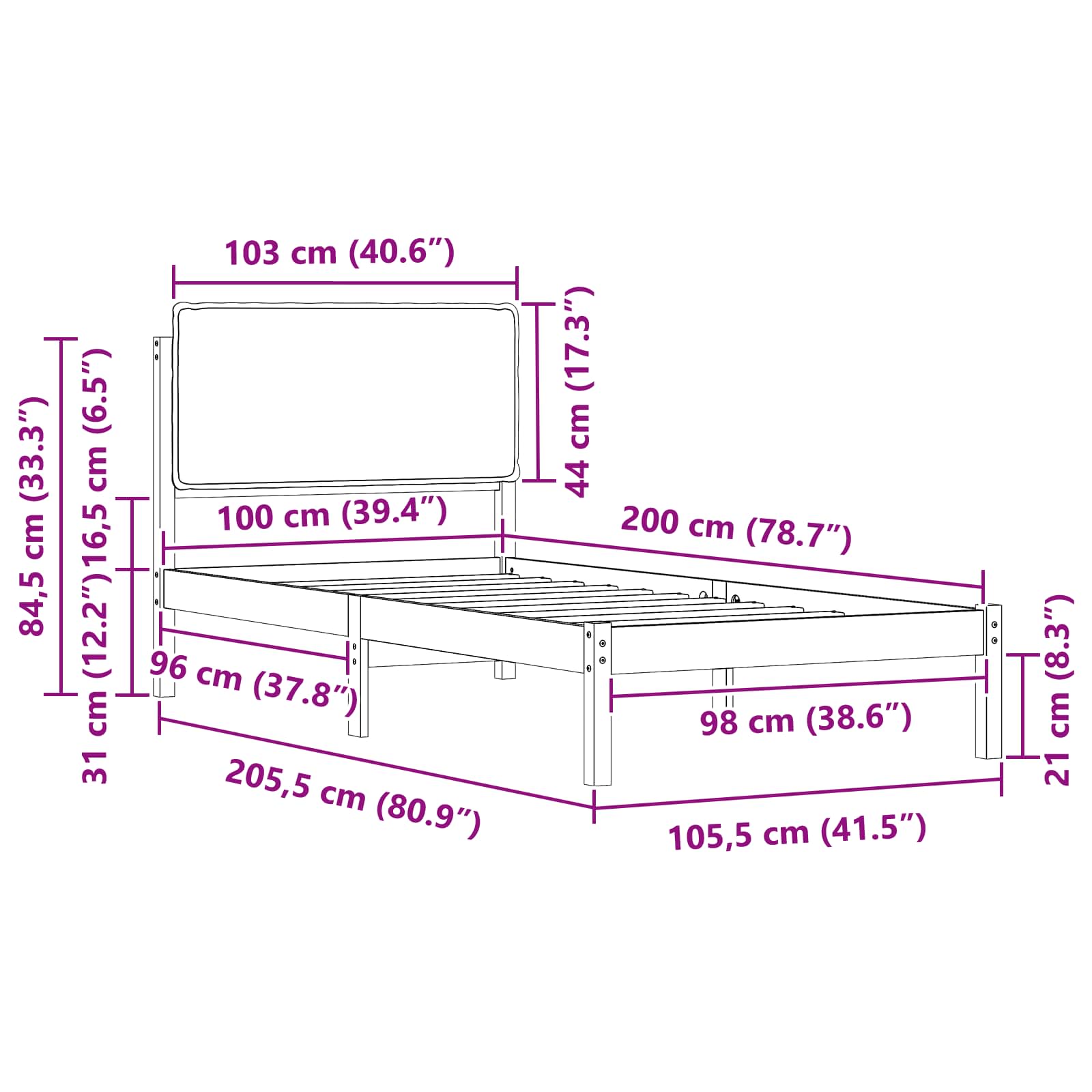Σκελετός Κρεβατιού με Επενδεδυμένο Κεφαλάρι Μαύρο 100 x 200 cm