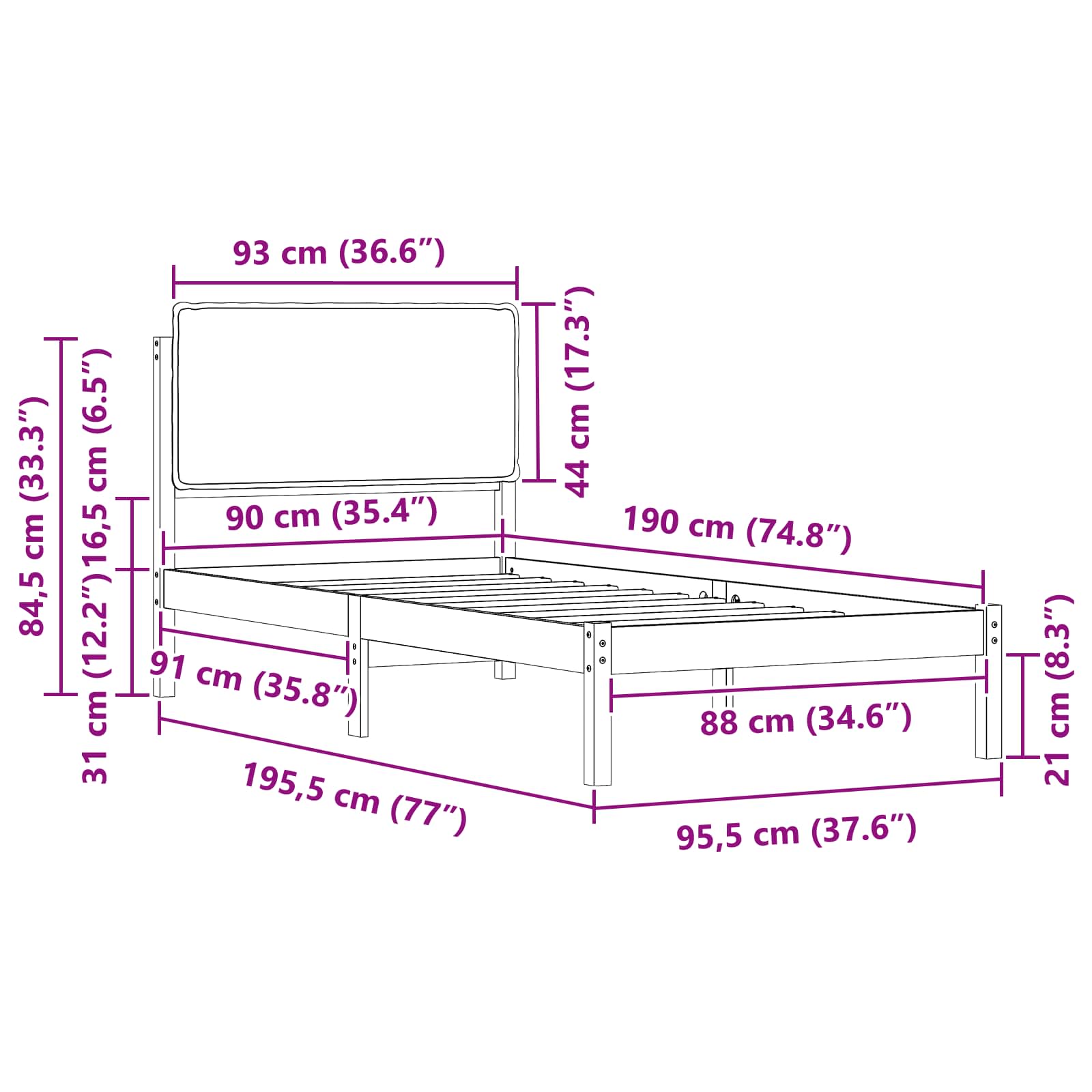 Σκελετός Κρεβατιού με Επενδεδυμένο Κεφαλάρι Μαύρο 90 x 190 cm
