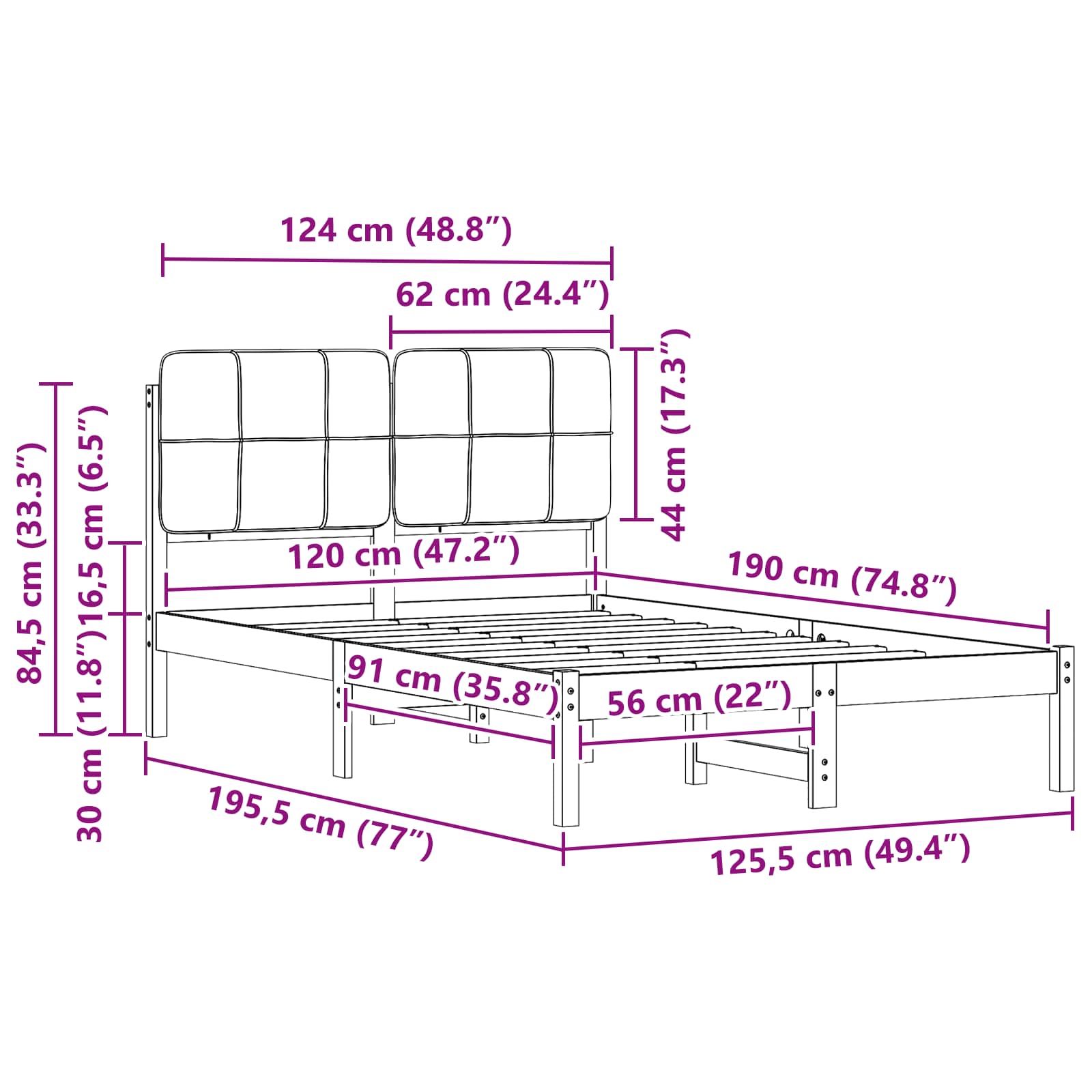 Σκελετός Κρεβατιού με Επενδεδυμένο Κεφαλάρι Μαύρο 120 x 190 cm