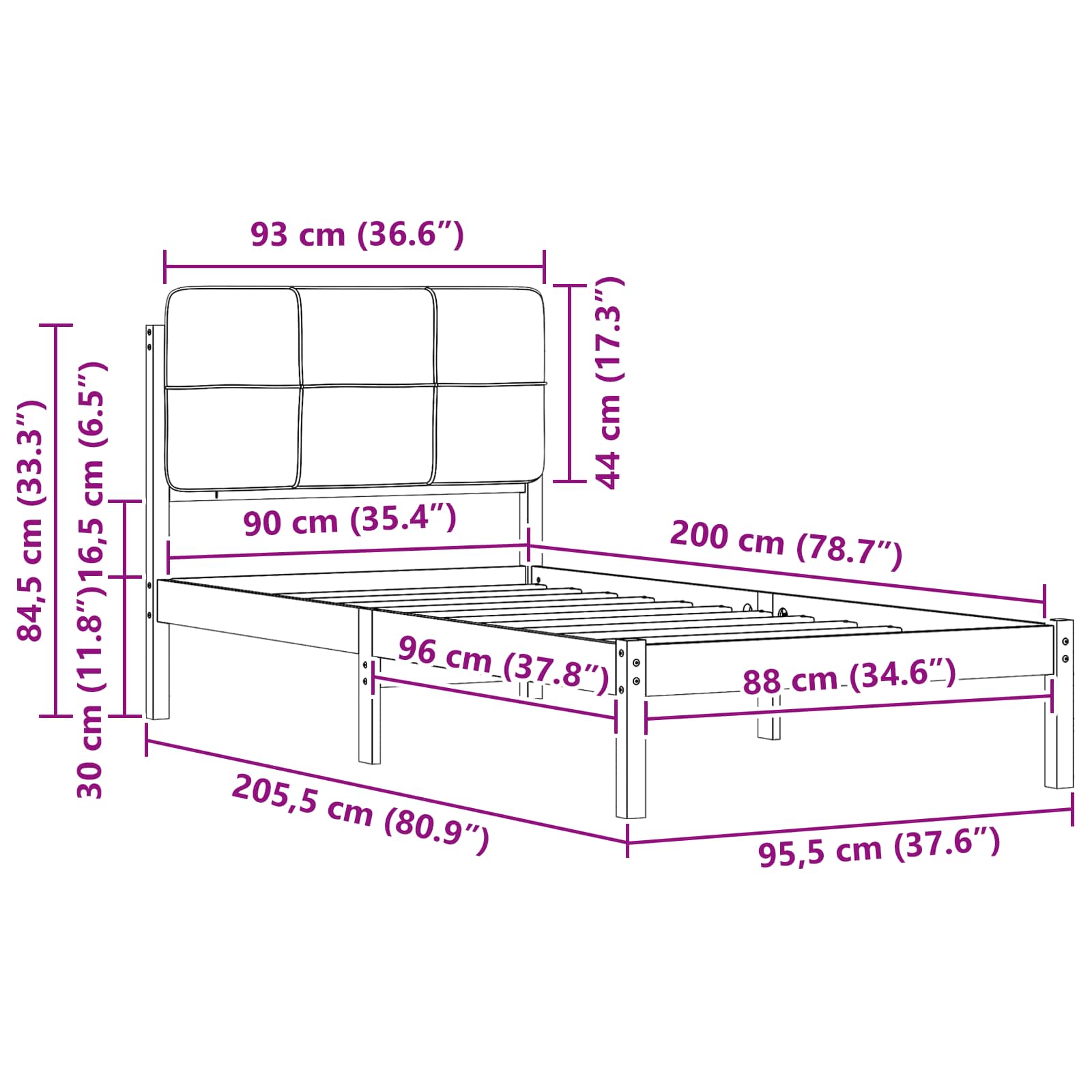 Σκελετός Κρεβατιού με Επενδεδυμένο Κεφαλάρι Μαύρο 90 x 200 cm