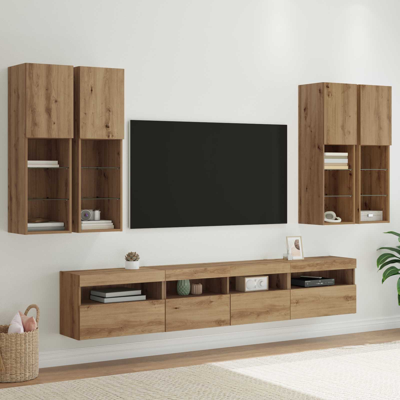 Σετ Κονσόλας Τηλεόρασης με LED Φώτα με led 7 pcs artisan δρυς - Pakobazaar