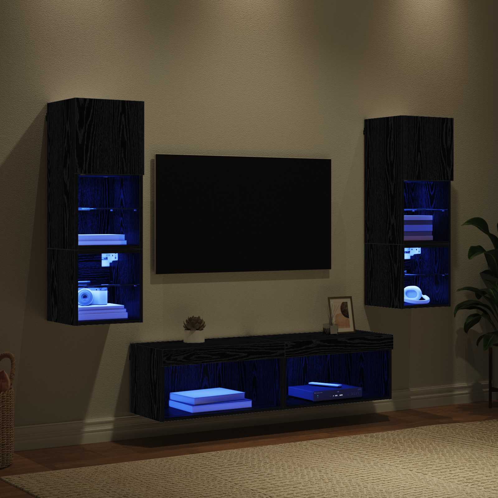 Μονάδα Τοίχου Τηλεόρασης 6 pcs Μαύρη Οξυά Επεξεργασμένο ξύλο - Pakobazaar