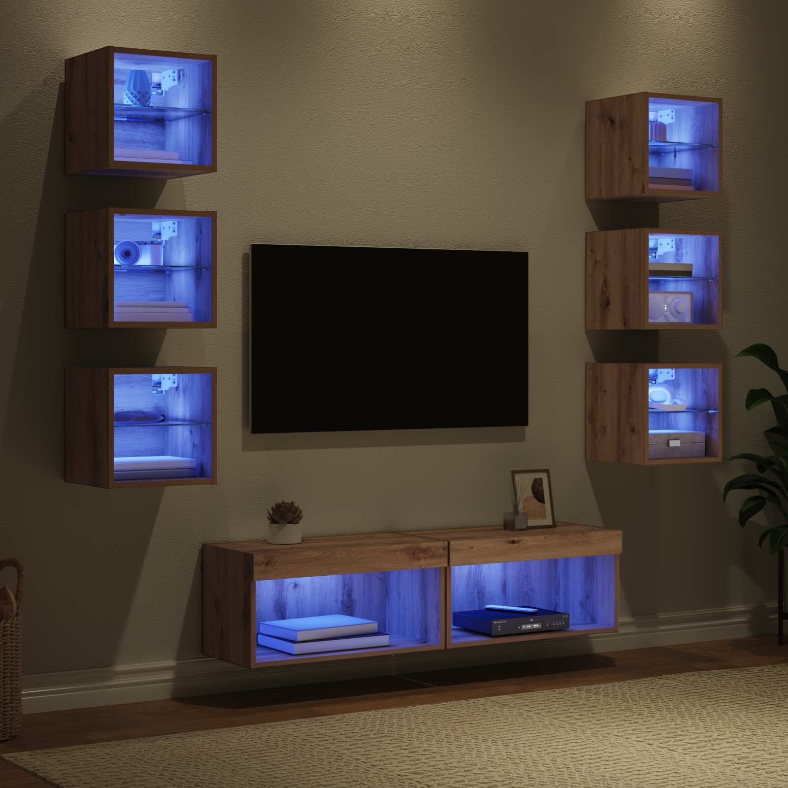 Ντουλάπι TV με φώτα λωρίδας LED 8 pcs Artisan Oak Γυαλί - Pakobazaar