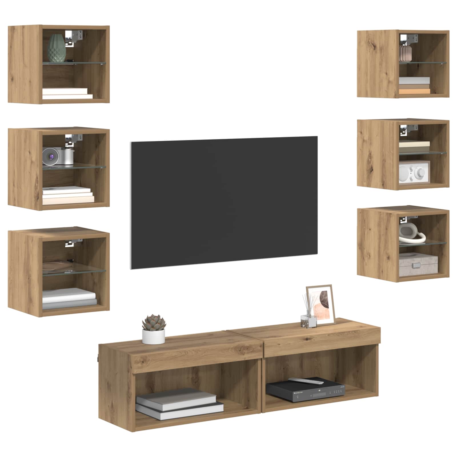 Ντουλάπι TV με φώτα λωρίδας LED 8 pcs Artisan Oak Γυαλί - Pakobazaar