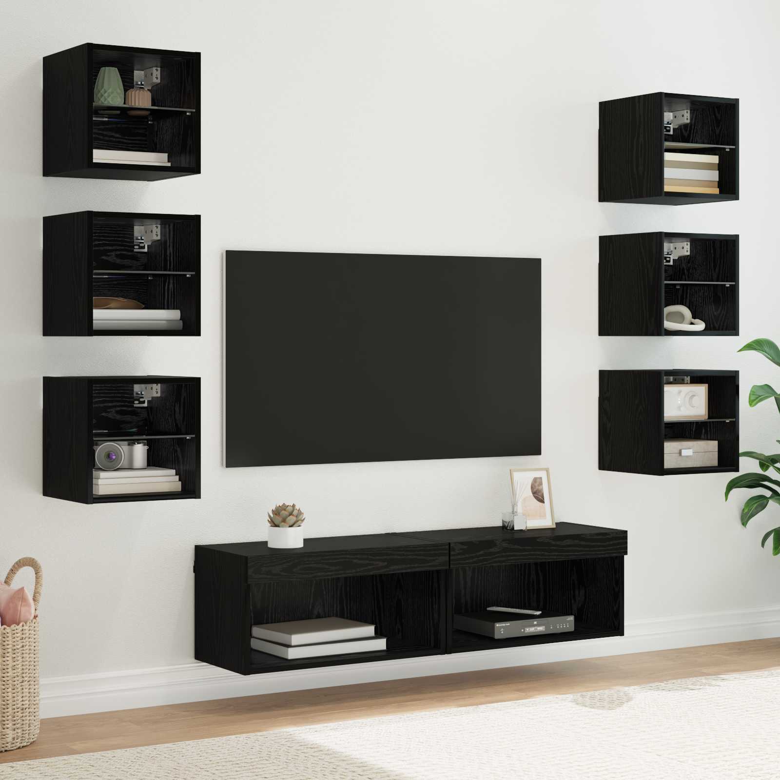 Ντουλάπι TV με φώτα λωρίδας LED 8 pcs Μαύρη Οξυά Γυαλί