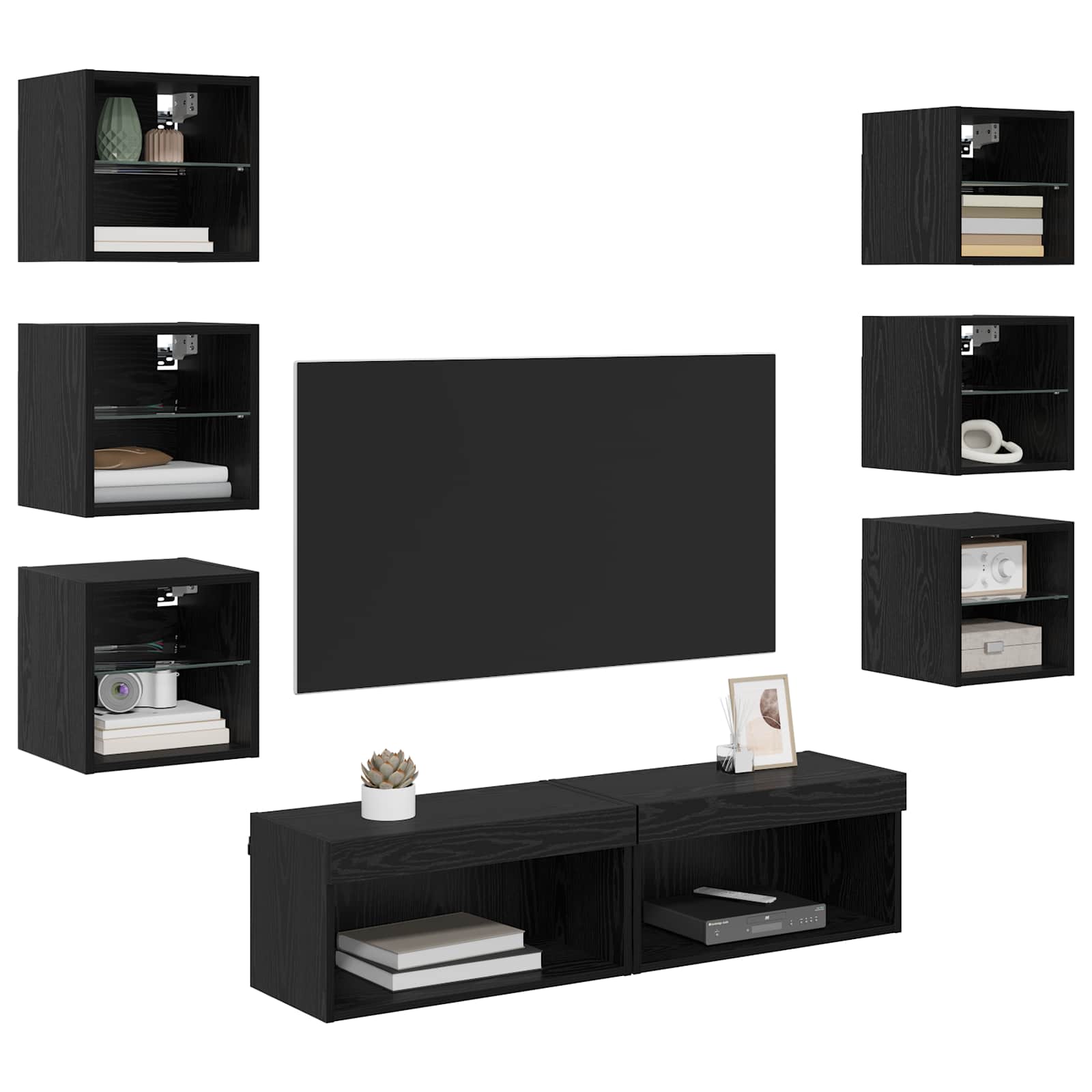 Ντουλάπι TV με φώτα λωρίδας LED 8 pcs Μαύρη Οξυά Γυαλί