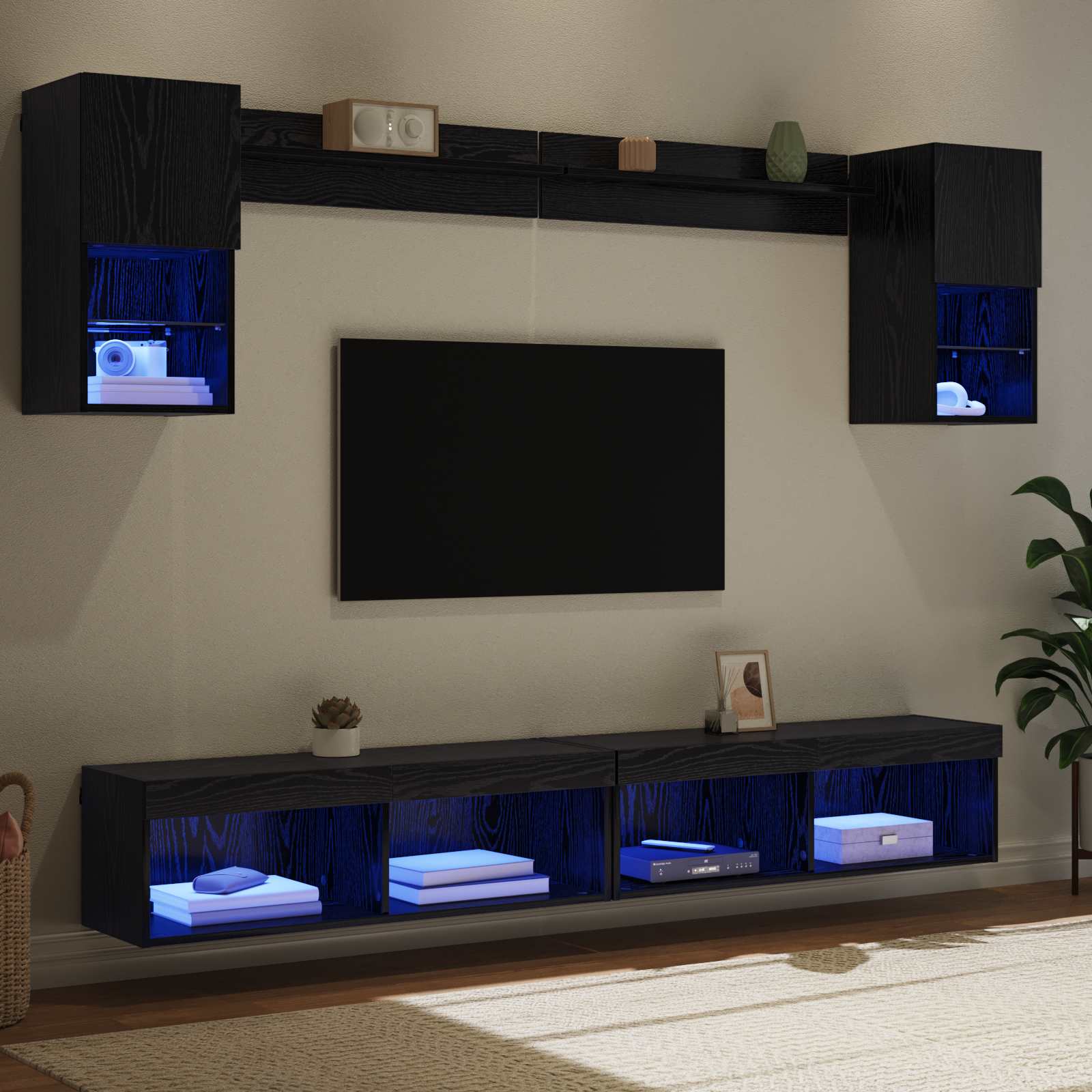 Μονάδες Τοίχου ΤV με LED 6 pcs Μαύρη Οξυά Επεξεργασμένο ξύλο - Pakobazaar