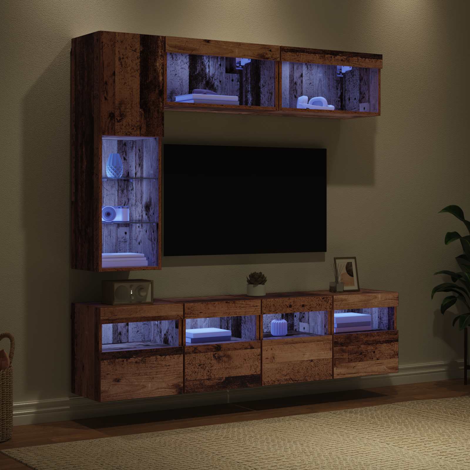 Ντουλάπι TV με led 7 pcs Παλιό ξύλο Επεξεργασμένο ξύλο - Pakobazaar