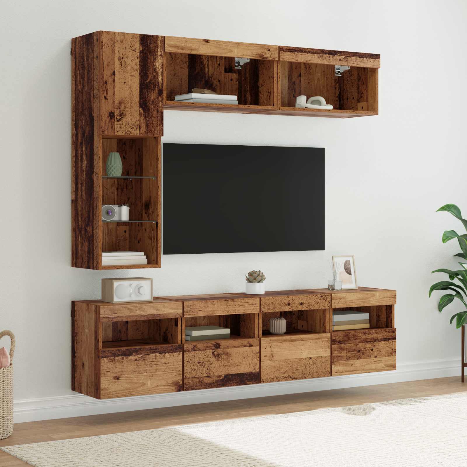 Ντουλάπι TV με led 7 pcs Παλιό ξύλο Επεξεργασμένο ξύλο - Pakobazaar