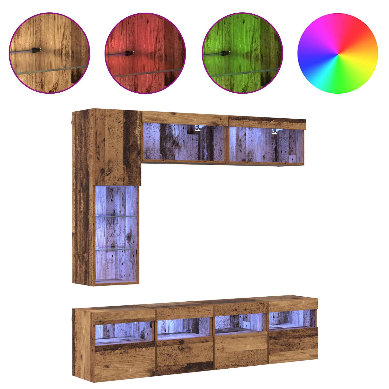 Ντουλάπι TV με led 7 pcs Παλιό ξύλο Επεξεργασμένο ξύλο - Pakobazaar
