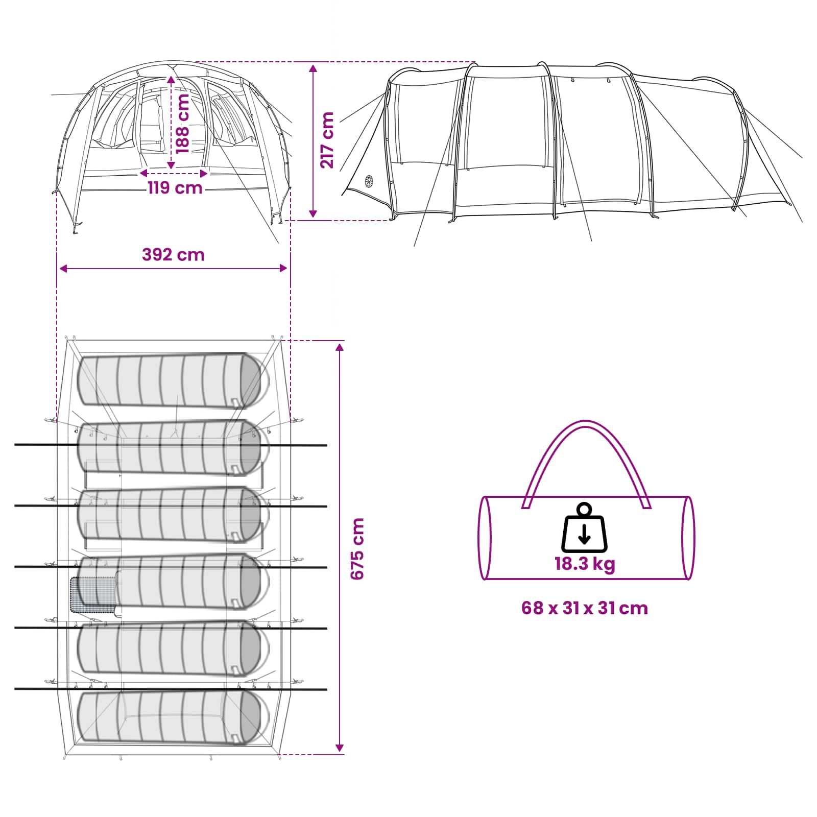Σκηνή τούνελ Πράσινο 675 x 392 x 210 cm - Pakobazaar