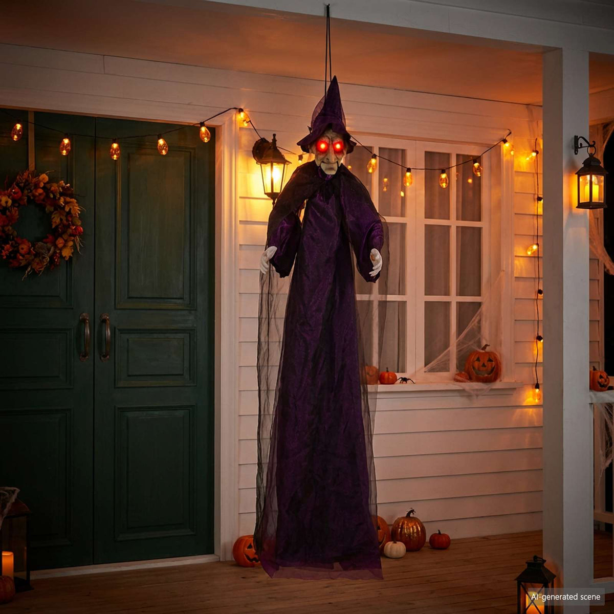 Κρεμαστή μάγισσα Halloween που μιλάει Μοβ 216 x 125 εκ - Pakobazaar