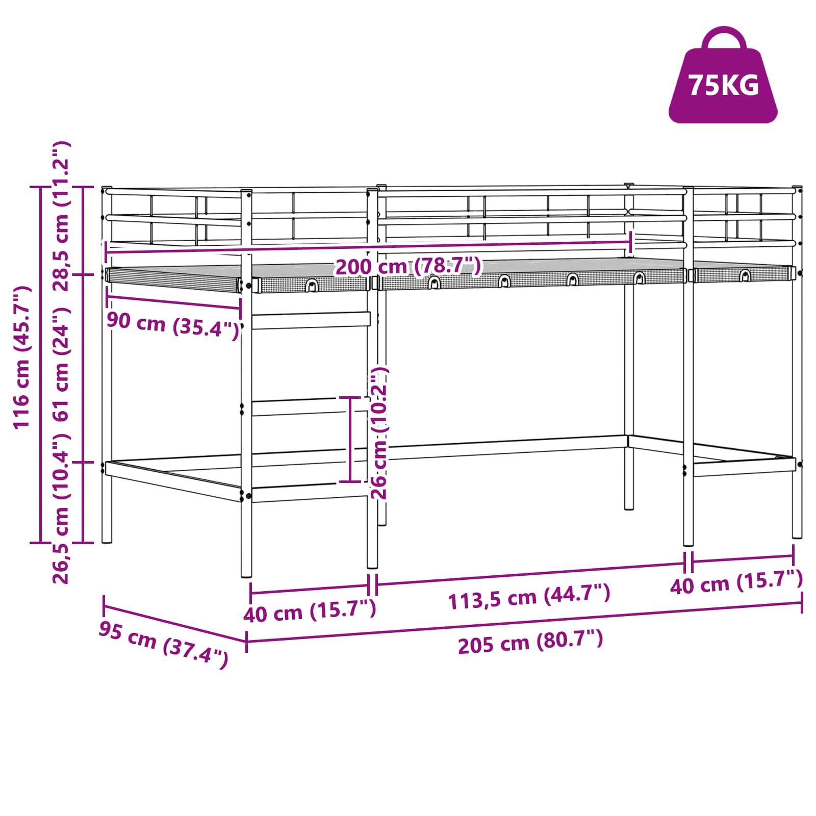 Κρεβάτι κουκέτας για παιδιά Μαύρο 90 x 200 cm Ατσάλι - Pakobazaar