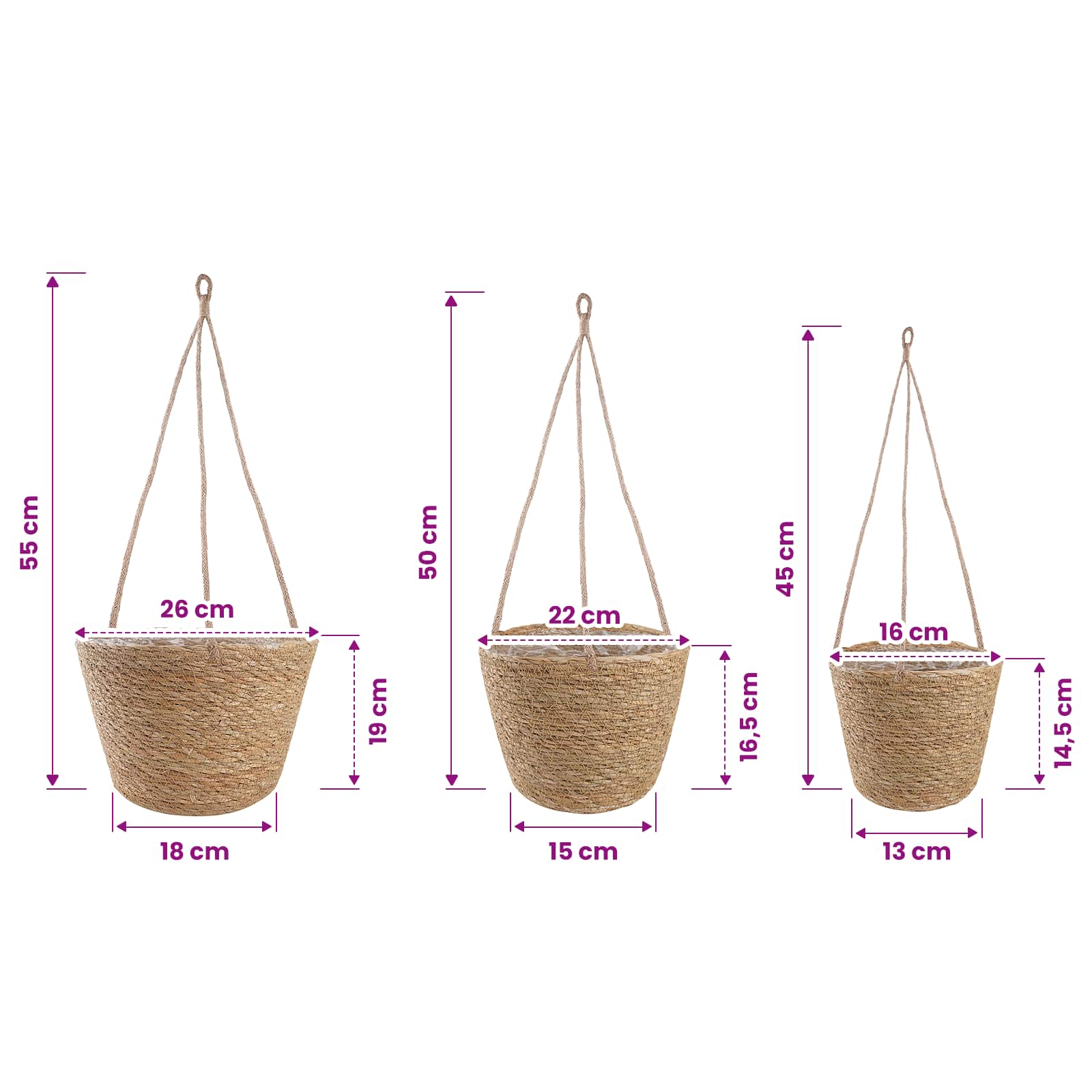 Καλάθια φυτών από θαλασσόχορτο 3 pcs Φυσικό Ø26 x 19 εκ. - Pakobazaar