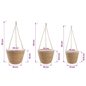 Καλάθια φυτών από θαλασσόχορτο 3 pcs Φυσικό Ø26 x 19 εκ. - Pakobazaar