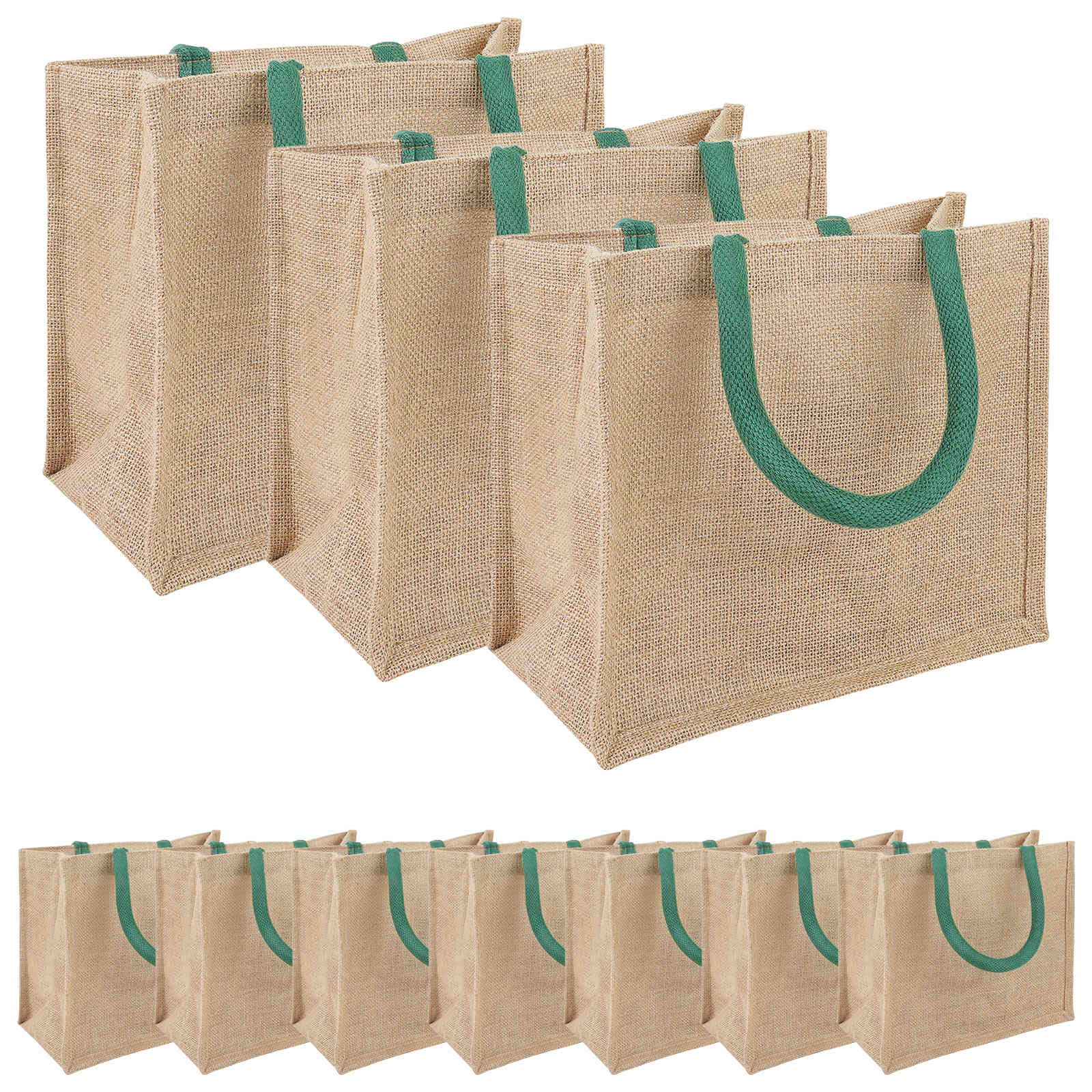 Τσάντες από γιούτα 10 pcs Φυσικό και Πράσινο 26 x 22 x 14 εκ - Pakobazaar