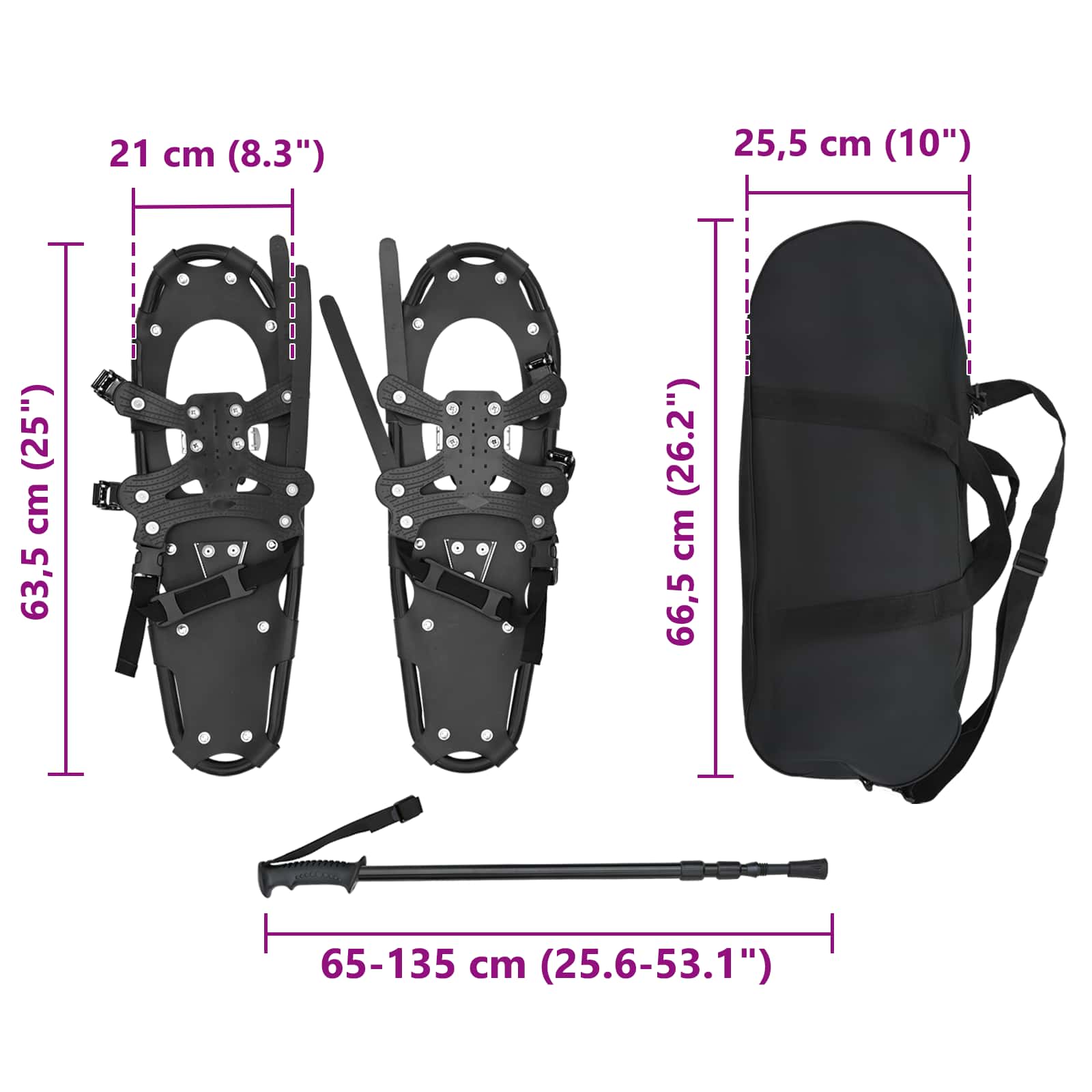 Χιονοπέδιλα 3 σε 1 με μπατόν πεζοπορίας Μαύρο 25 ίντσες - Pakobazaar