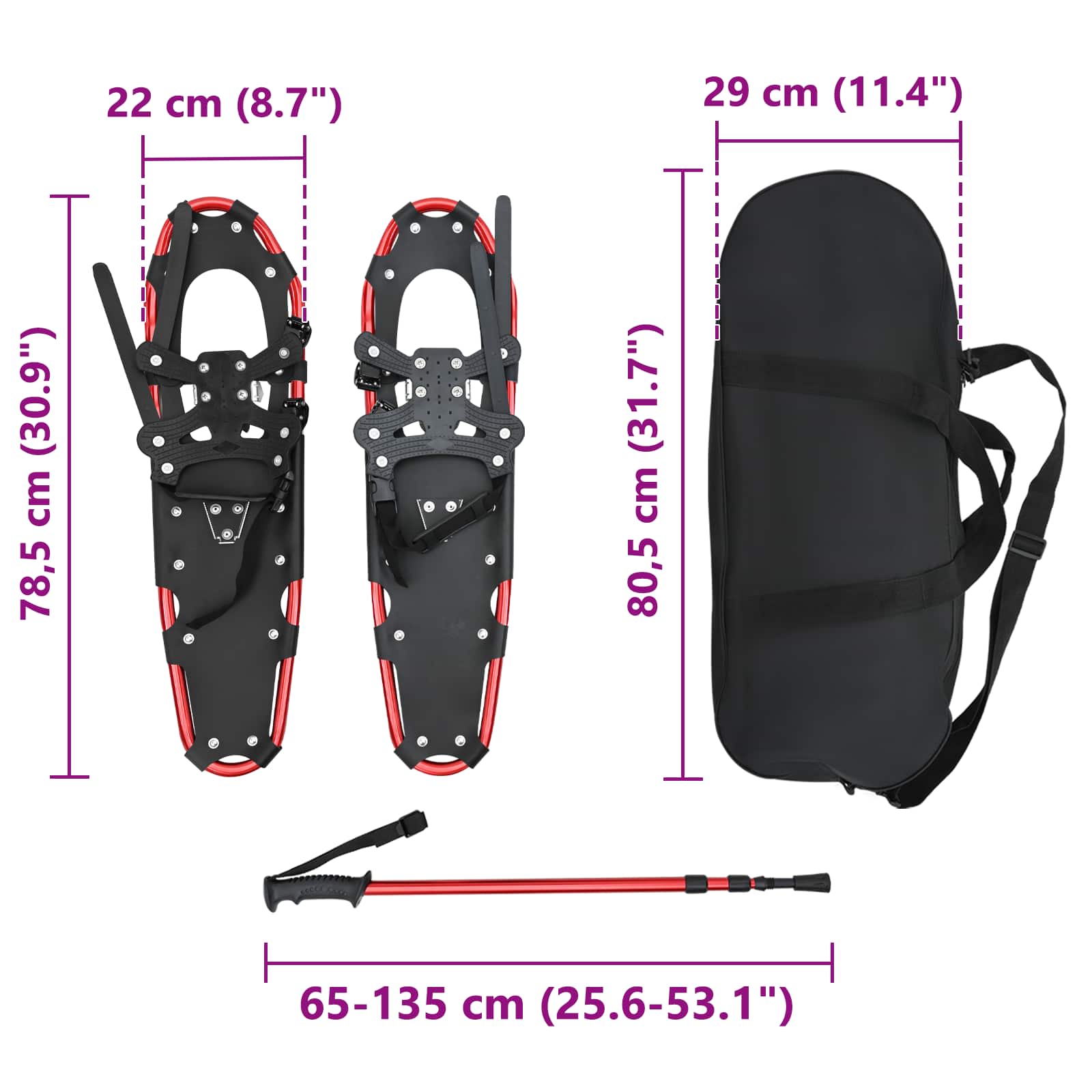 Χιονοπέδιλα 3 σε 1 με μπατόν πεζοπορίας Κόκκινο και Μαύρο - Pakobazaar