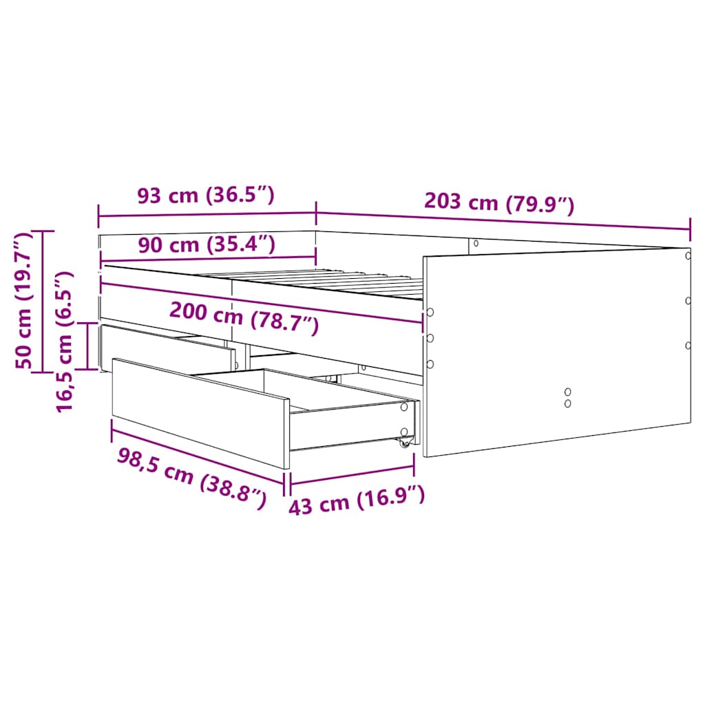 Σκελετός Κρεβατιού Μαύρη Οξυά 90 x 200 cm Στερεά ξυλεία πεύκου - Pakobazaar