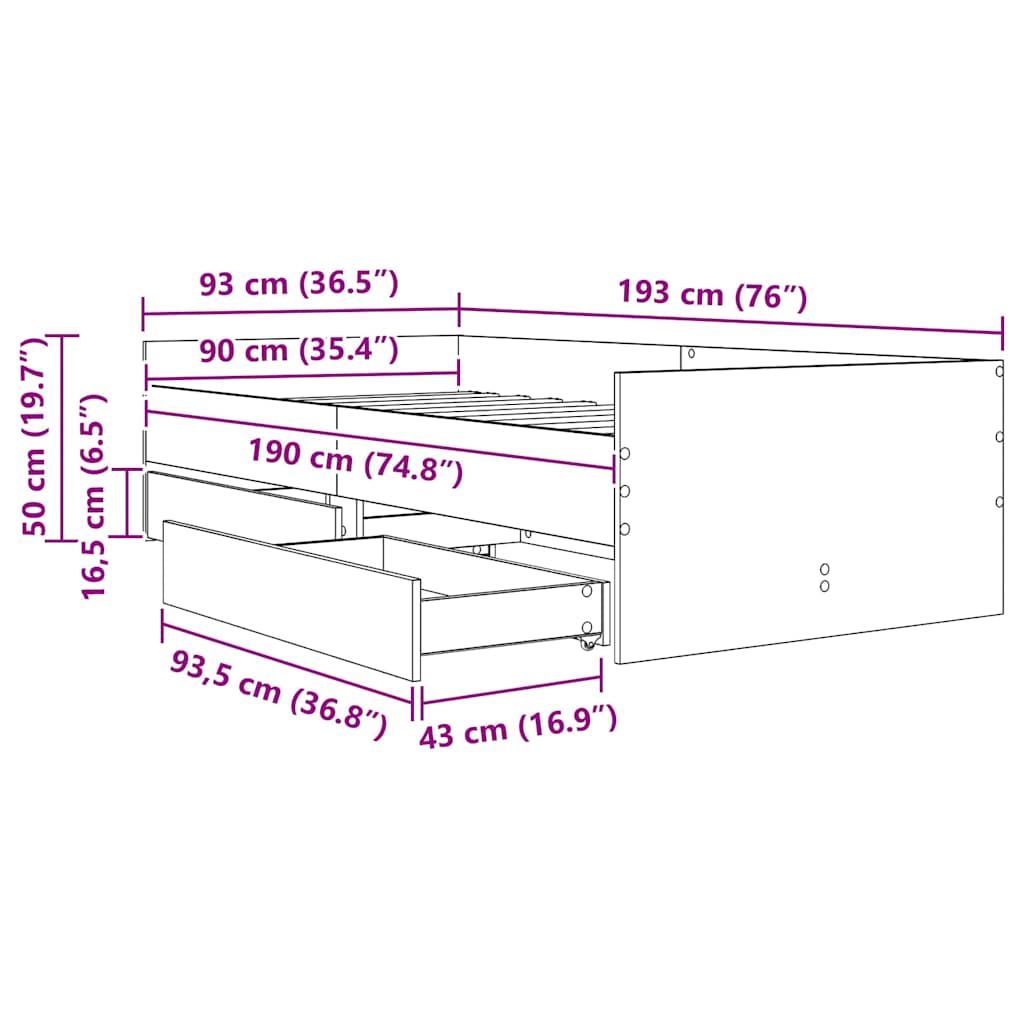 Σκελετός Κρεβατιού Artisan Oak 90 x 190 cm Στερεά ξυλεία πεύκου